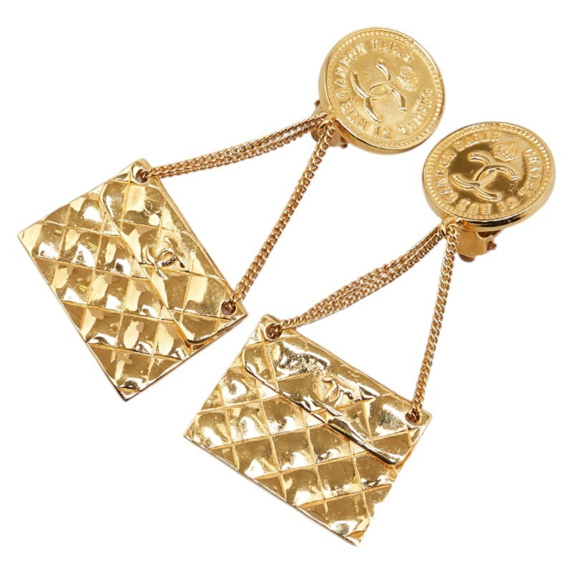 Chanel Matelasse Coco Mark Coin & Bag Motif Swing Earrings Gold Plated Women's CHANEL