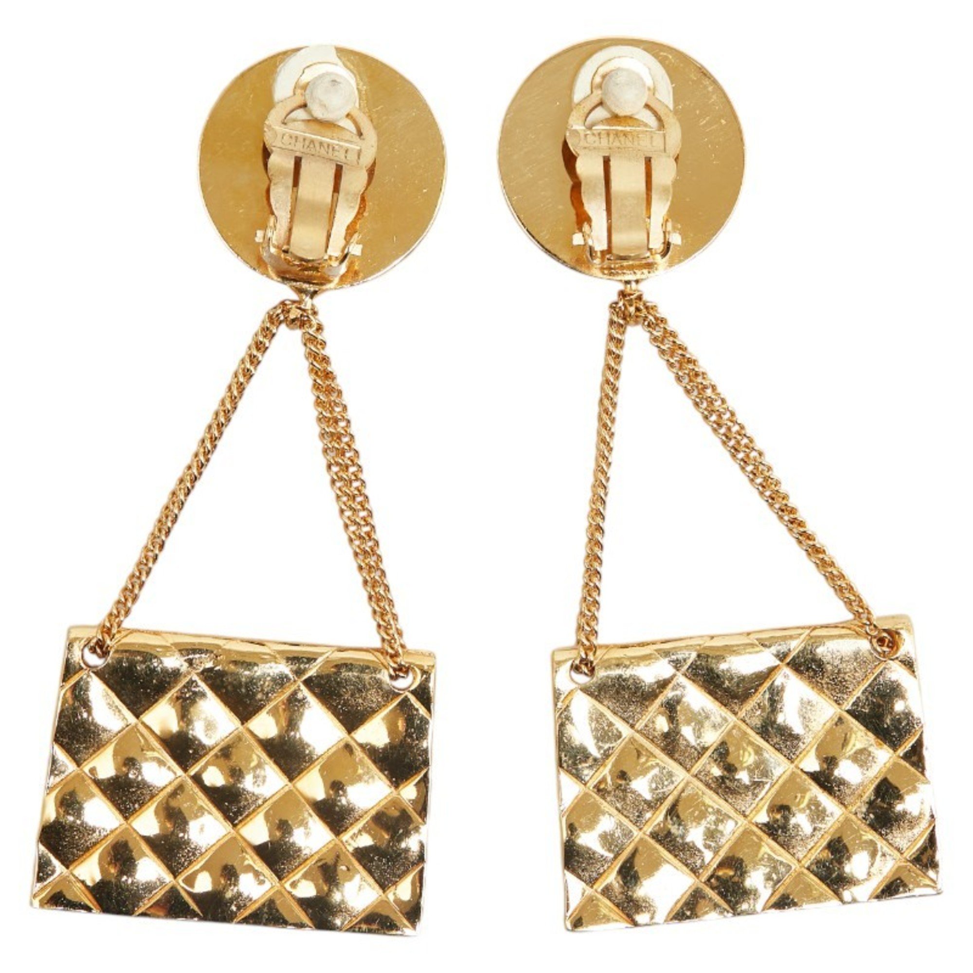 Chanel Matelasse Coco Mark Coin & Bag Motif Swing Earrings Gold Plated Women's CHANEL