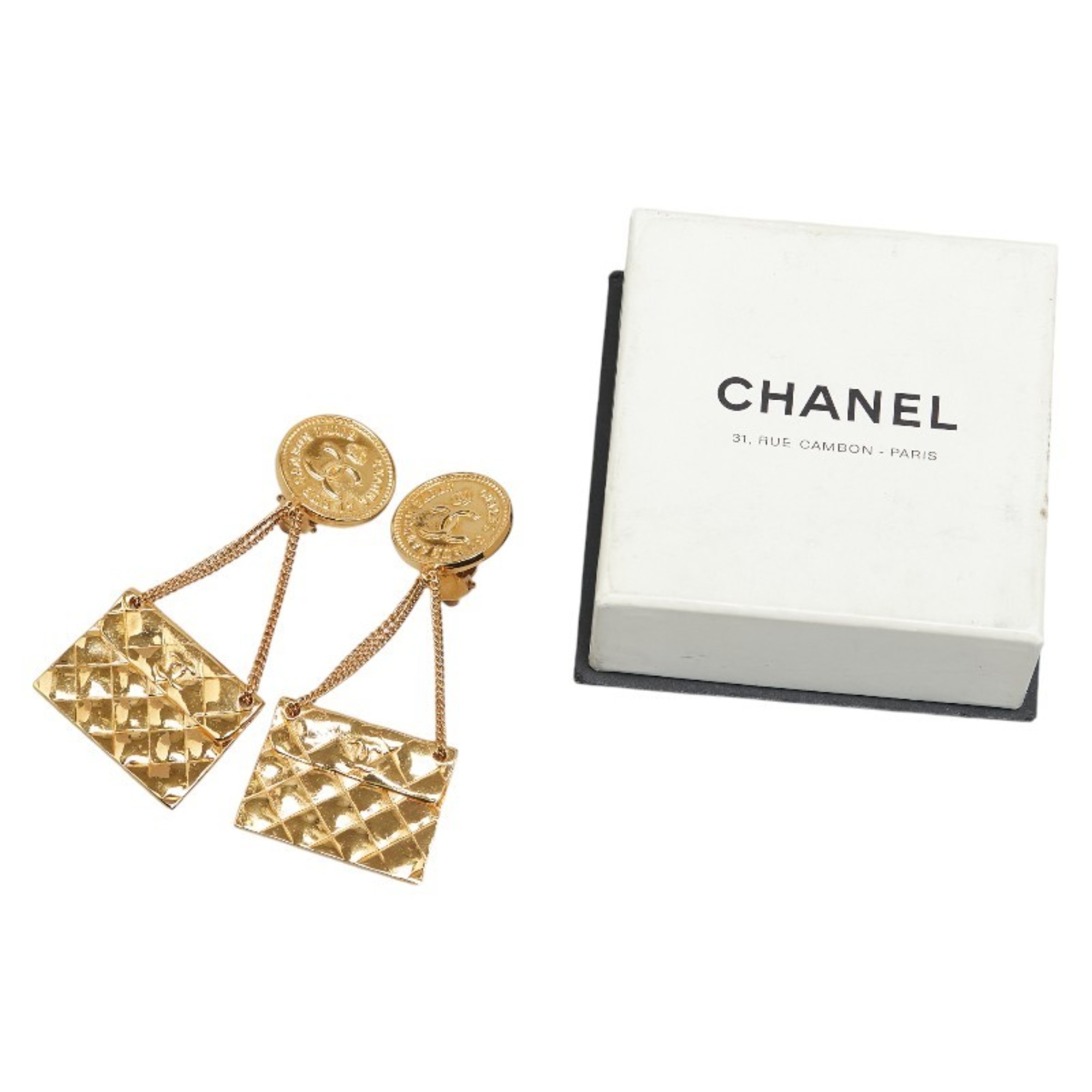 Chanel Matelasse Coco Mark Coin & Bag Motif Swing Earrings Gold Plated Women's CHANEL