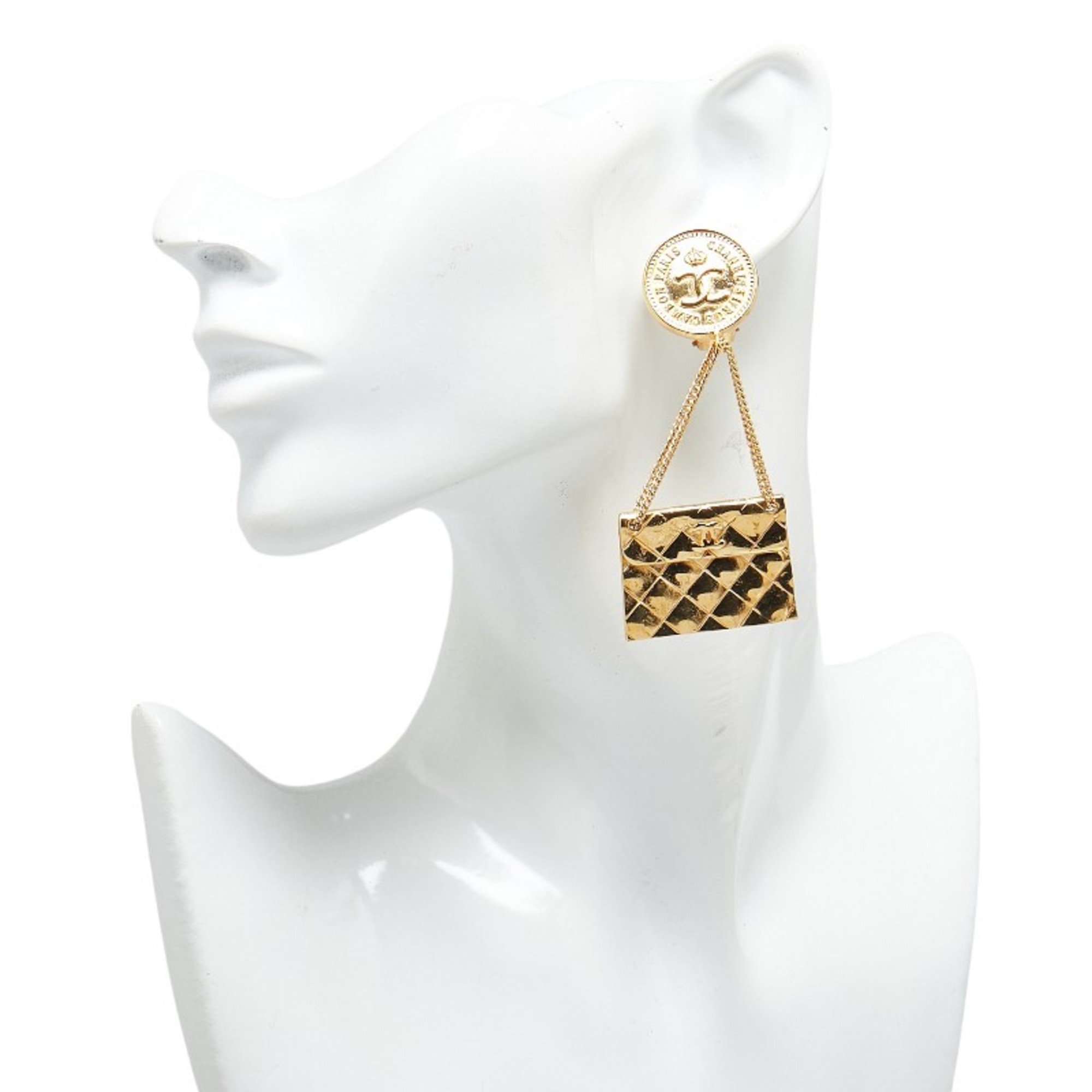 Chanel Matelasse Coco Mark Coin & Bag Motif Swing Earrings Gold Plated Women's CHANEL