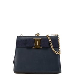 Salvatore Ferragamo Vara Ribbon Shoulder Bag Navy Leather Canvas Women's