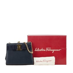 Salvatore Ferragamo Vara Ribbon Shoulder Bag Navy Leather Canvas Women's