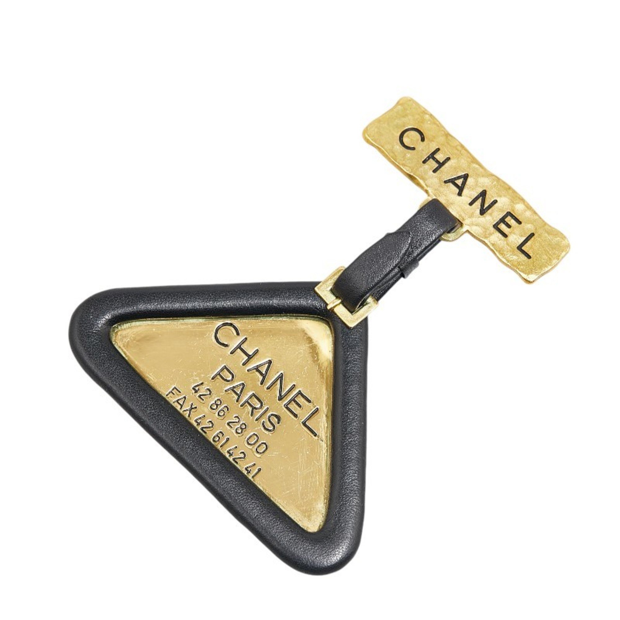 Chanel Triangle Plate Brooch Gold Black Plated Leather Women's CHANEL