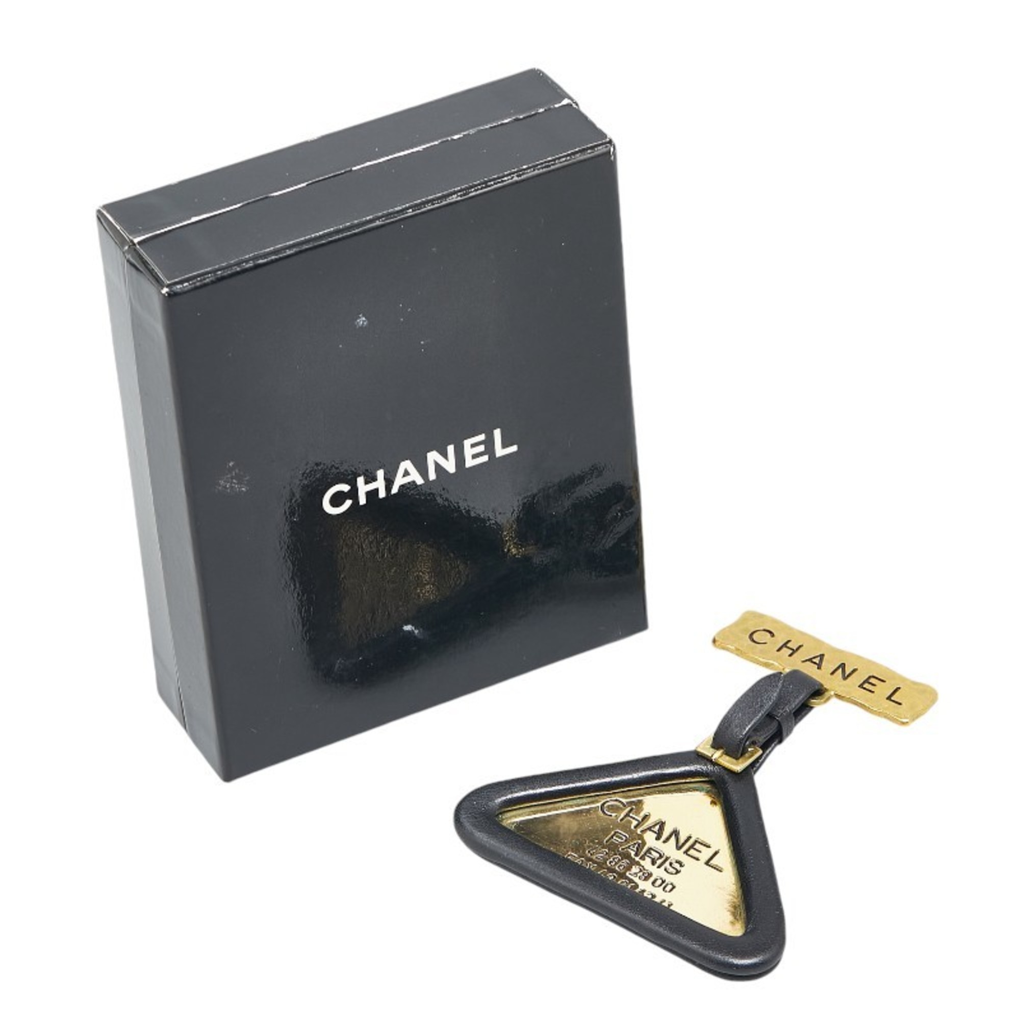 Chanel Triangle Plate Brooch Gold Black Plated Leather Women's CHANEL