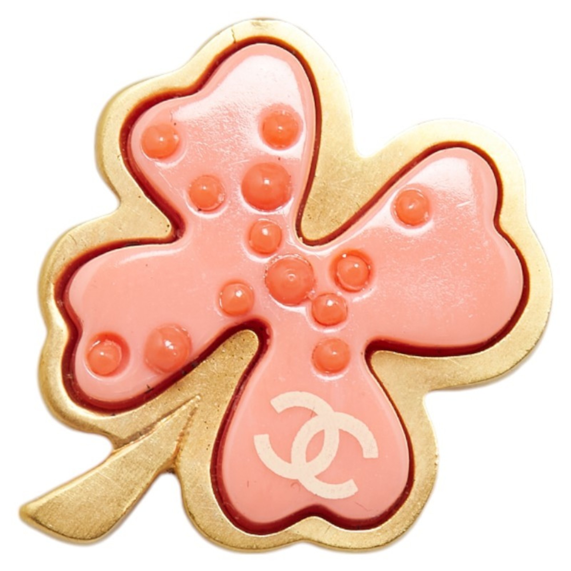 Chanel Coco Mark Clover Brooch Gold Pink Plated Plastic Women's CHANEL