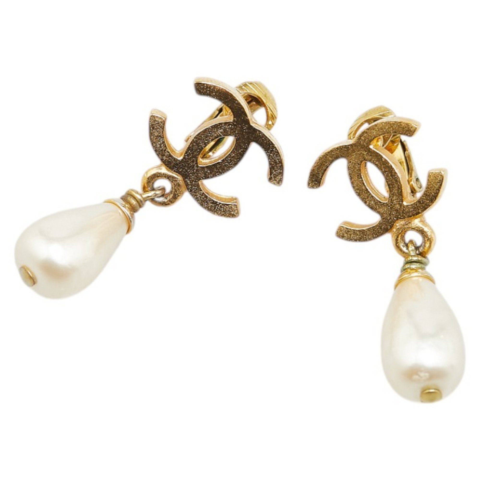 Chanel Coco Mark Teardrop Swing Earrings Gold Faux Pearl Plated Women's CHANEL