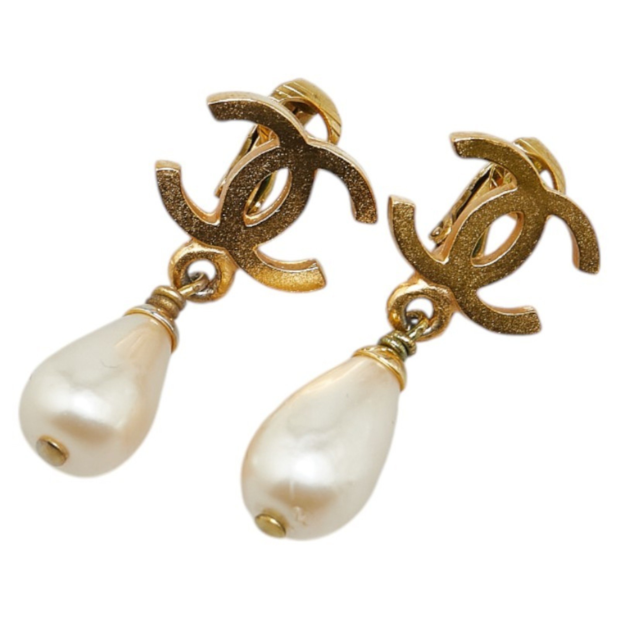 Chanel Coco Mark Teardrop Swing Earrings Gold Faux Pearl Plated Women's CHANEL