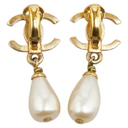 Chanel Coco Mark Teardrop Swing Earrings Gold Faux Pearl Plated Women's CHANEL