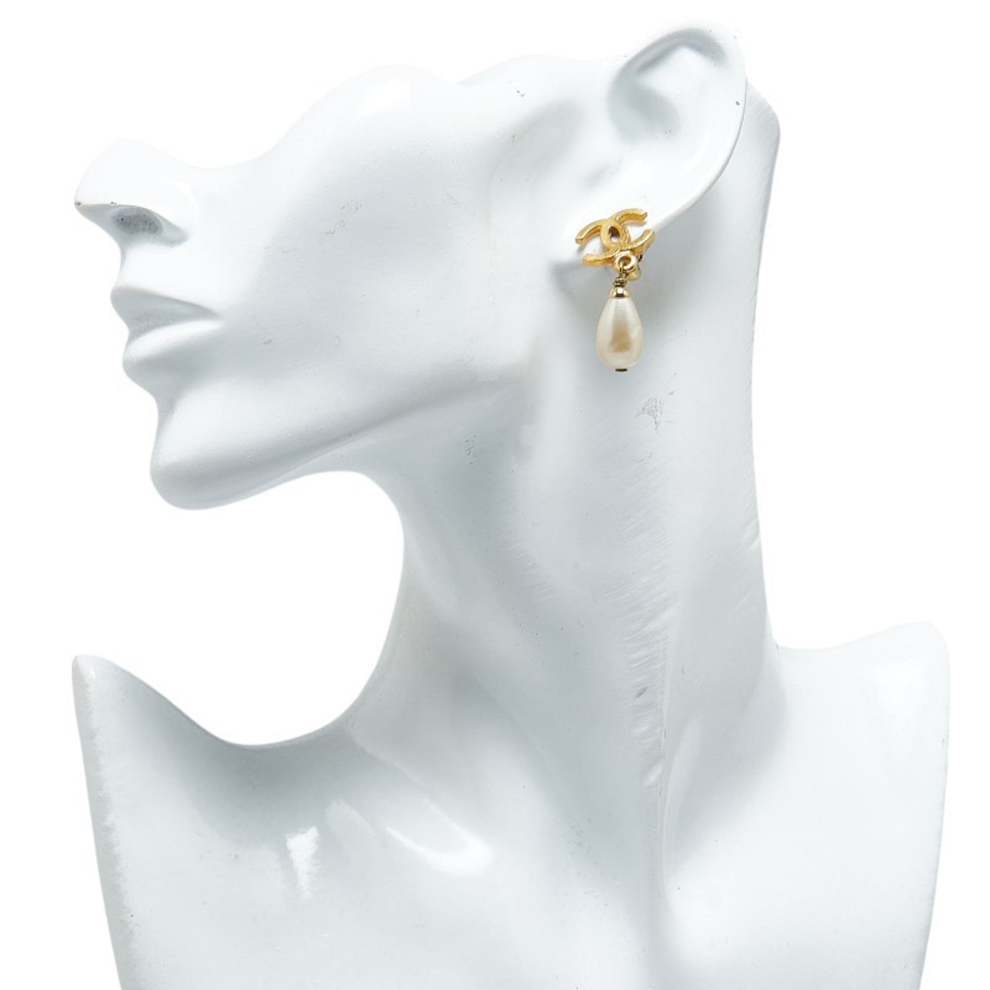 Chanel Coco Mark Teardrop Swing Earrings Gold Faux Pearl Plated Women's CHANEL