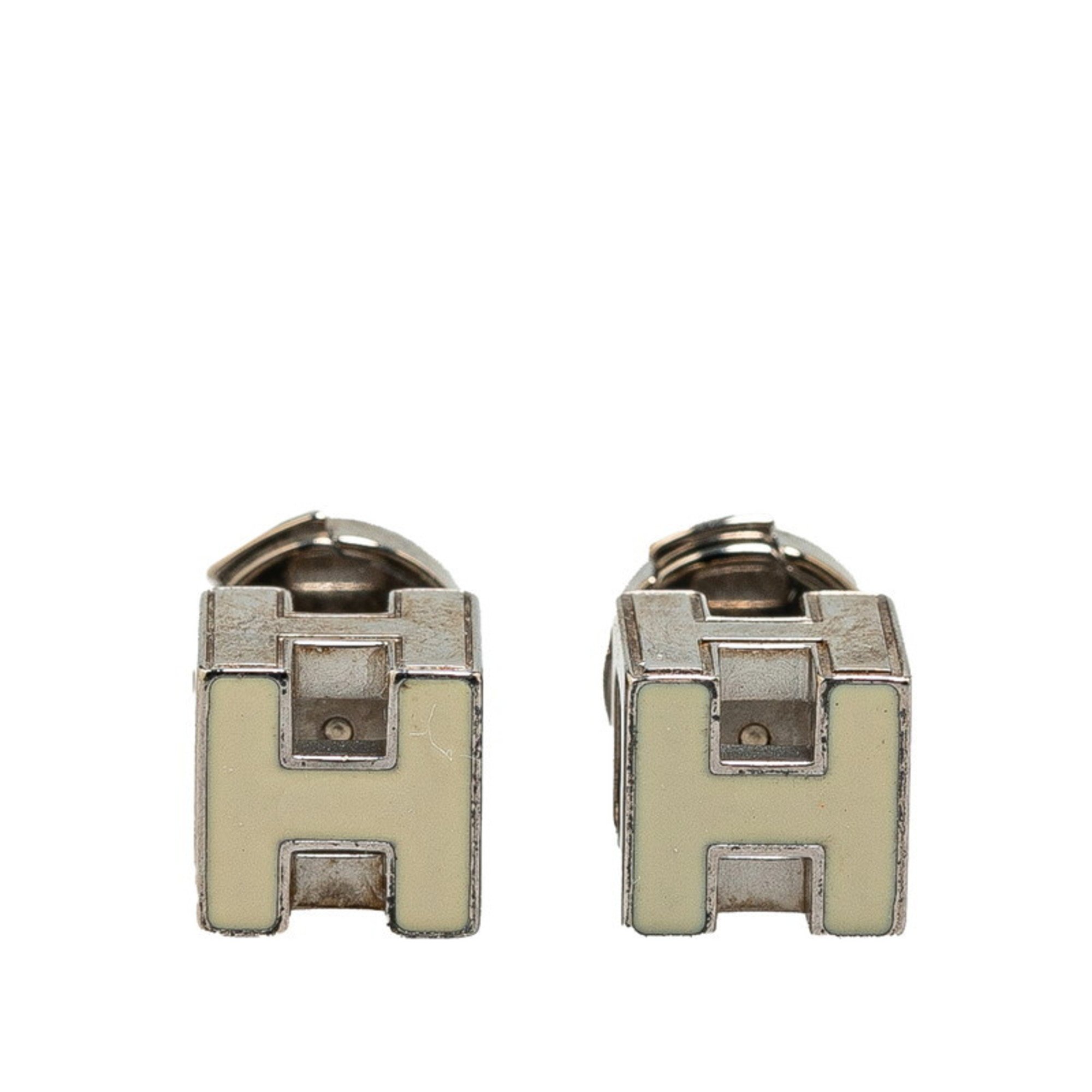 Hermes Cage de H Cube Earrings Silver White Metal Women's HERMES