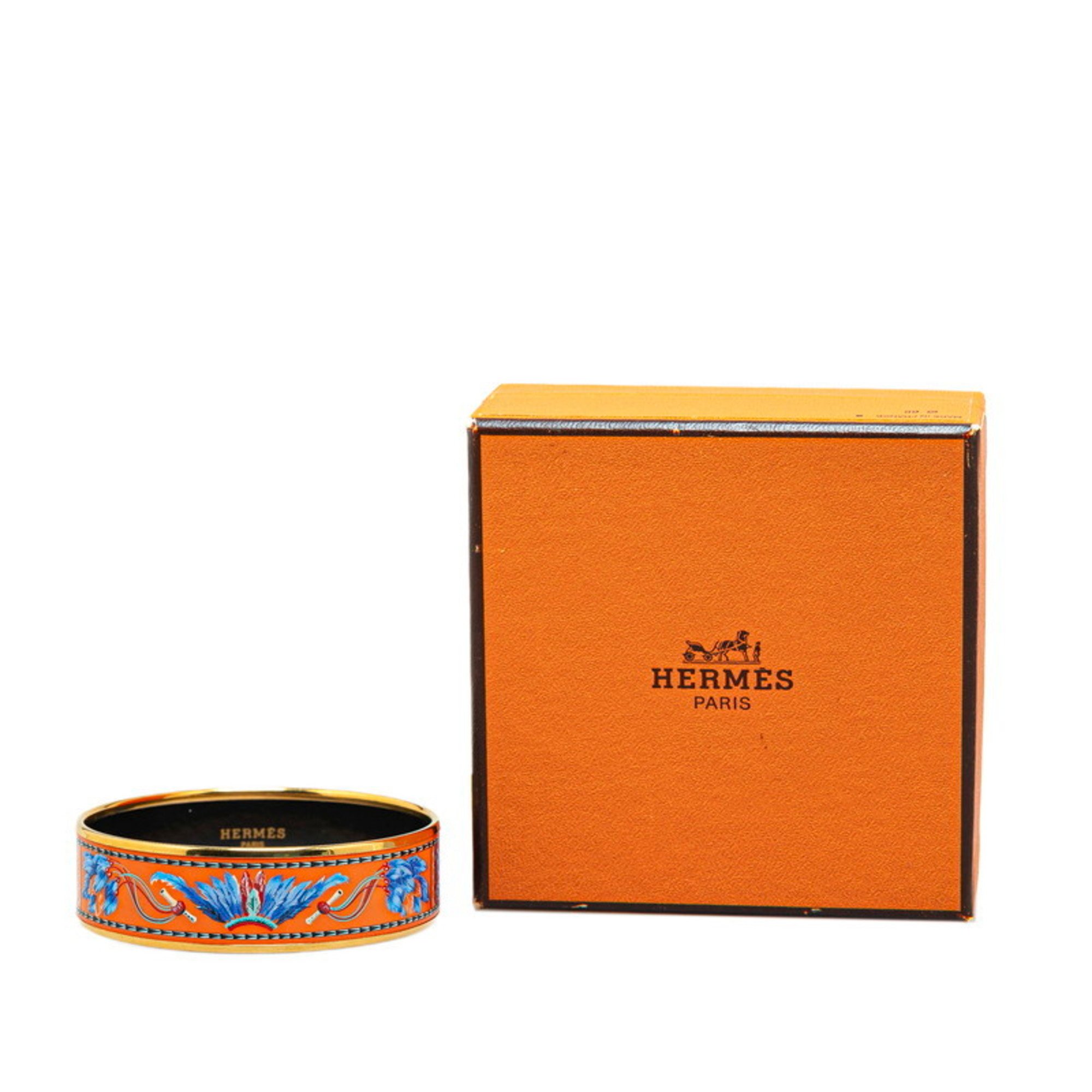 Hermes enamel bangle GM feather cloisonne orange gold multicolor plated women's HERMES