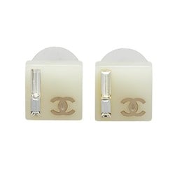 Chanel Coco Mark Square Rhinestone Earrings Ivory Silver Plastic Metal Women's CHANEL