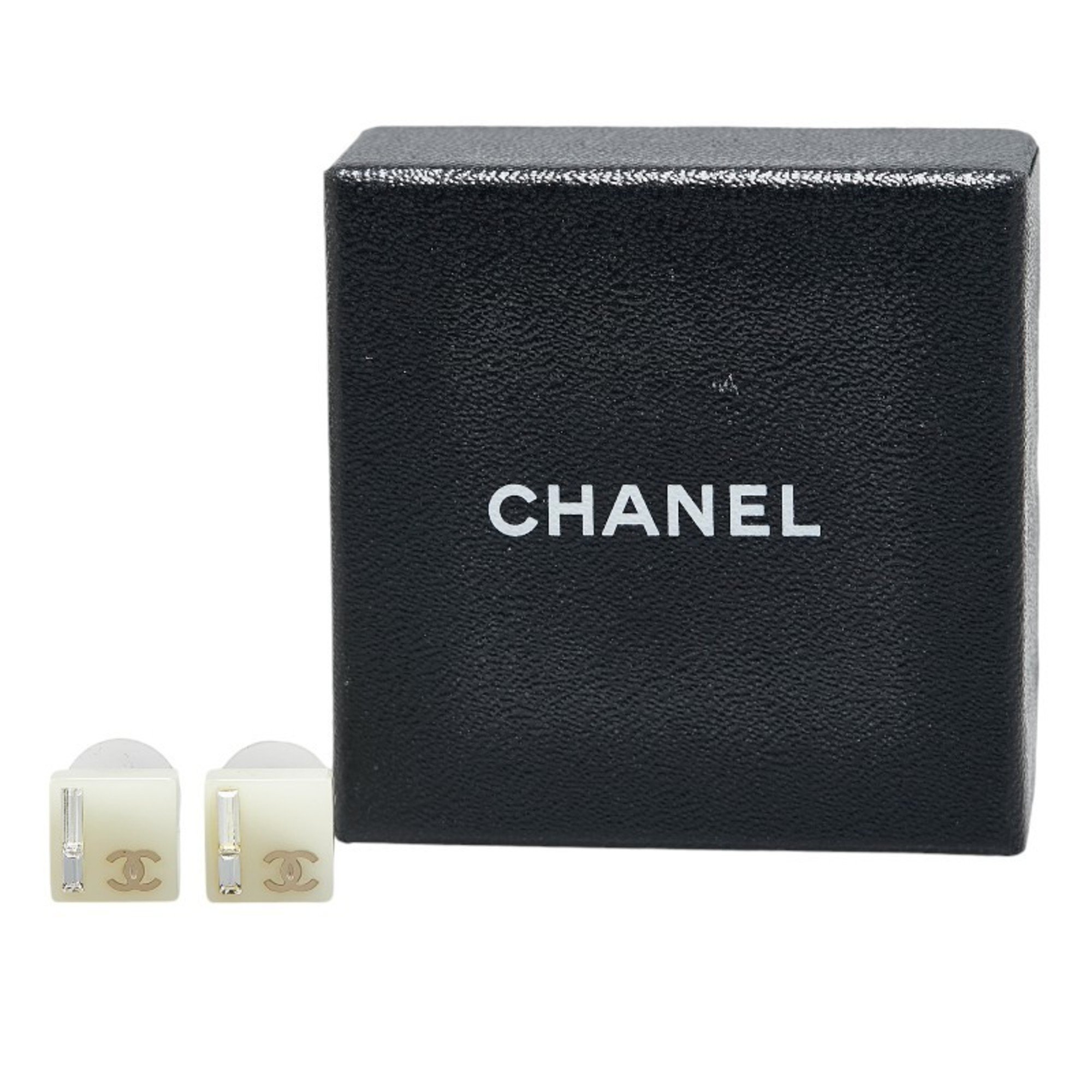 Chanel Coco Mark Square Rhinestone Earrings Ivory Silver Plastic Metal Women's CHANEL