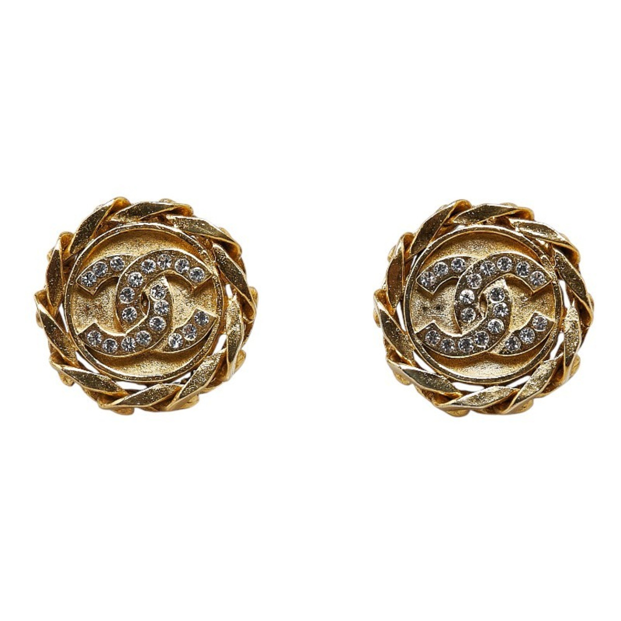 Chanel Coco Mark Earrings Gold Plated Rhinestones Women's CHANEL