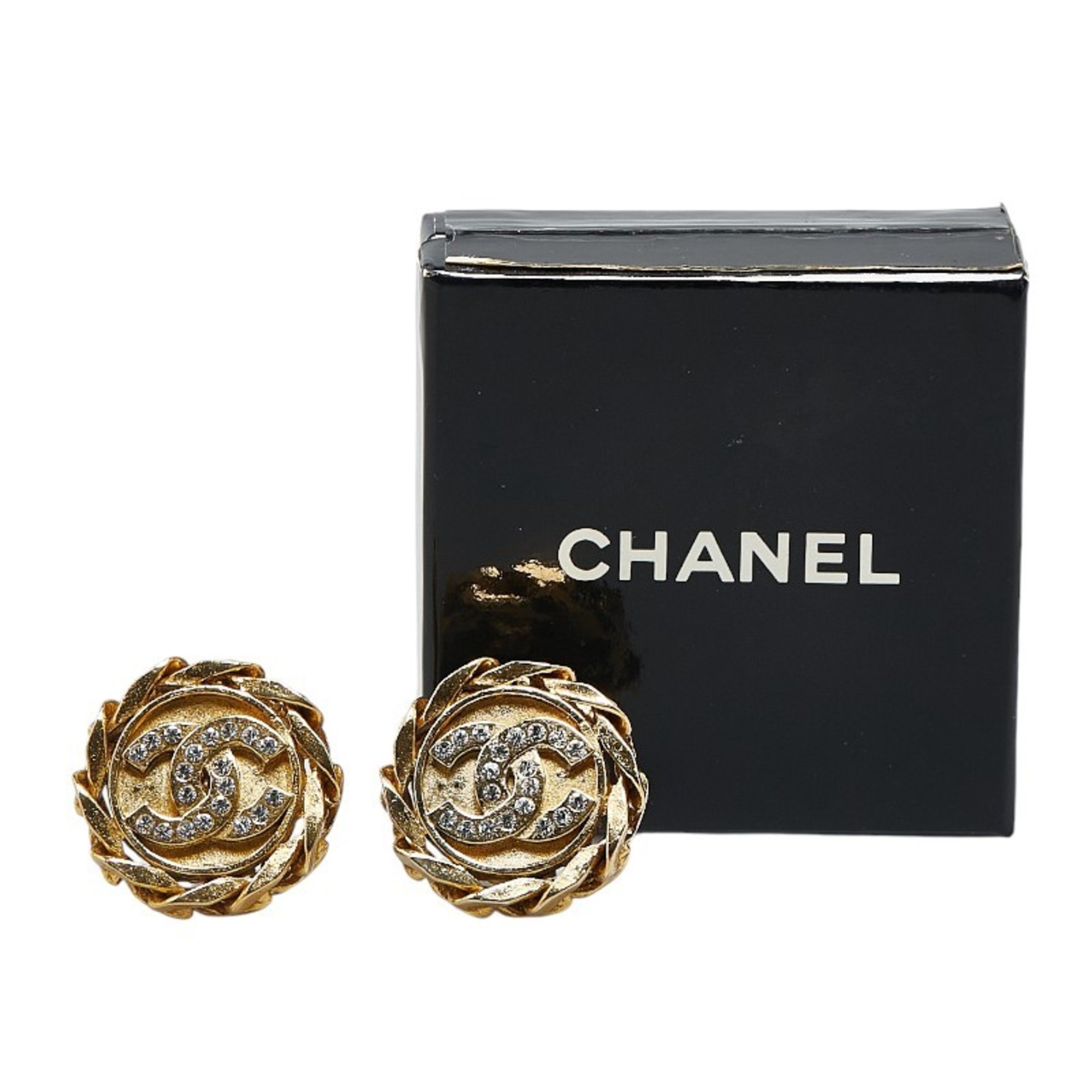 Chanel Coco Mark Earrings Gold Plated Rhinestones Women's CHANEL