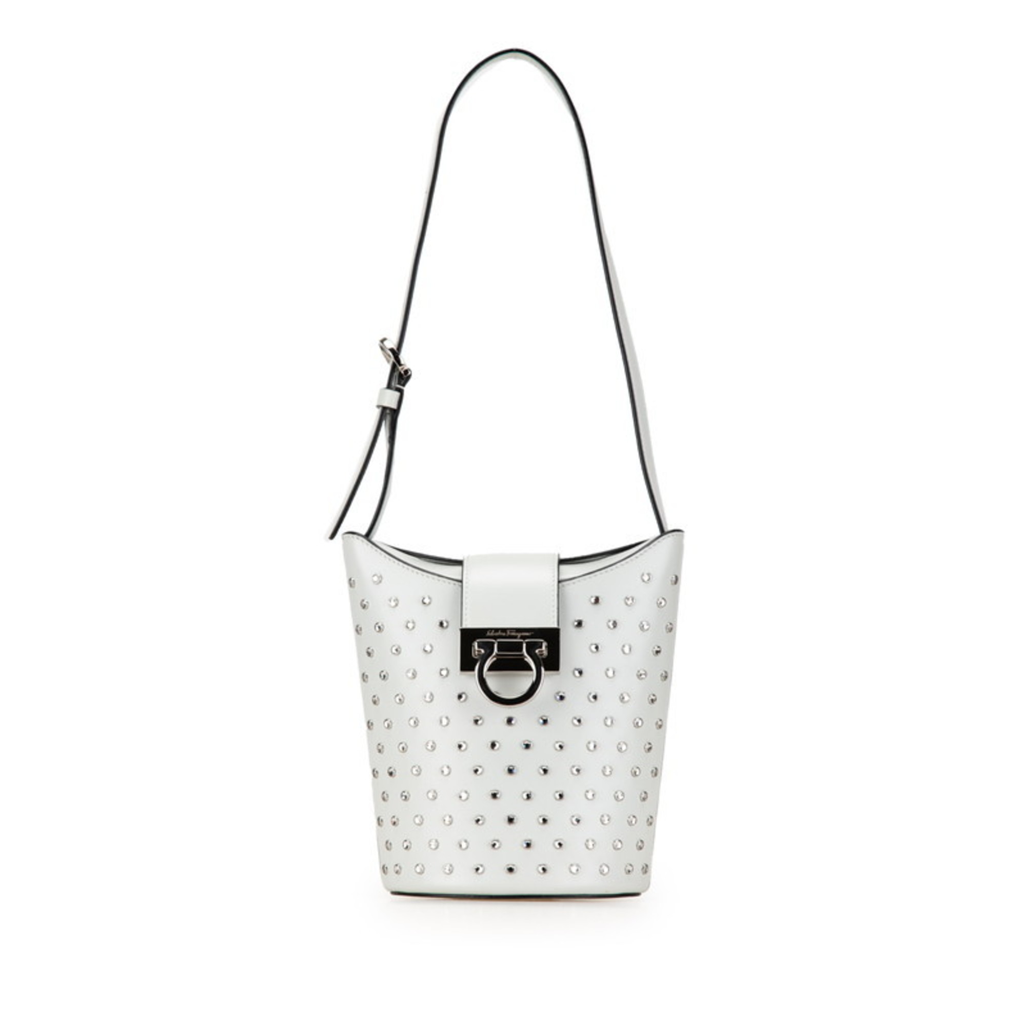 Salvatore Ferragamo Gancini Trifoglio Rhinestone Shoulder Bag DH-21 1194 White Leather Women's