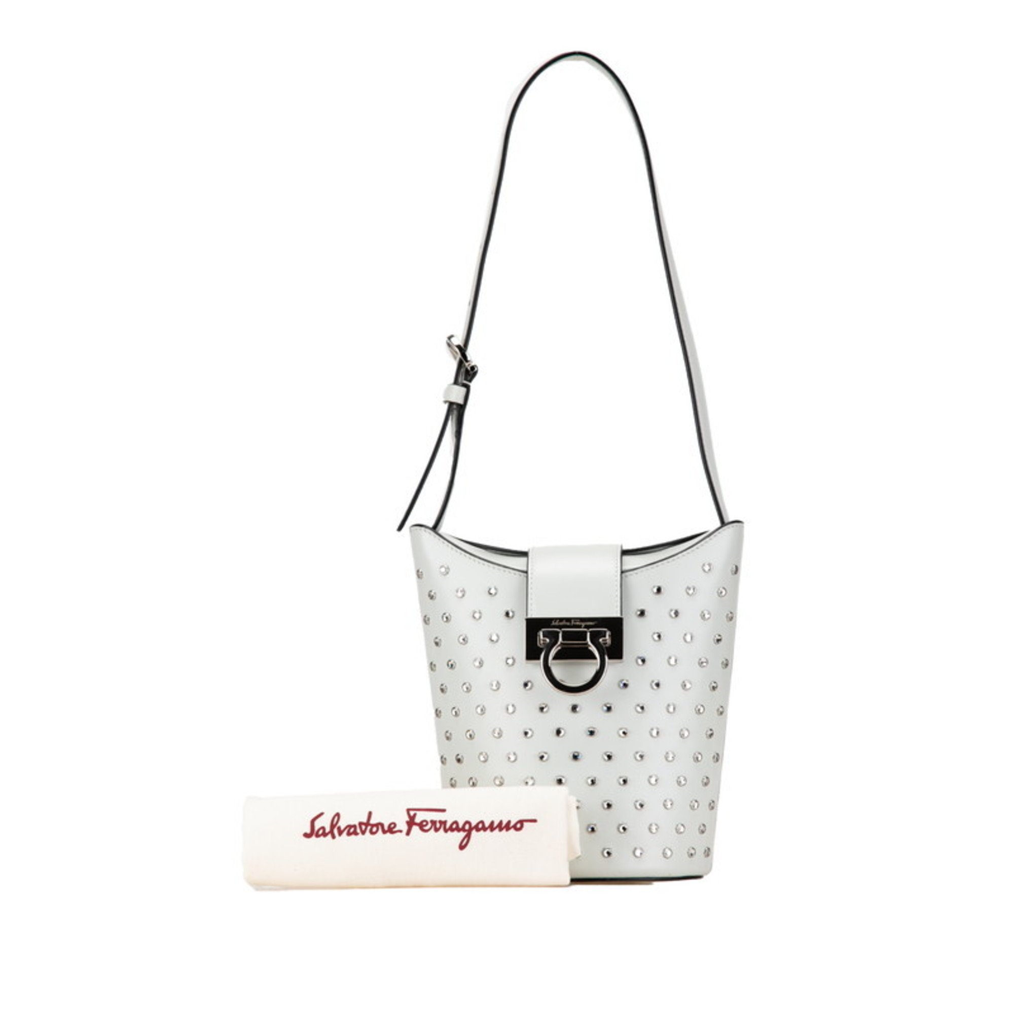 Salvatore Ferragamo Gancini Trifoglio Rhinestone Shoulder Bag DH-21 1194 White Leather Women's