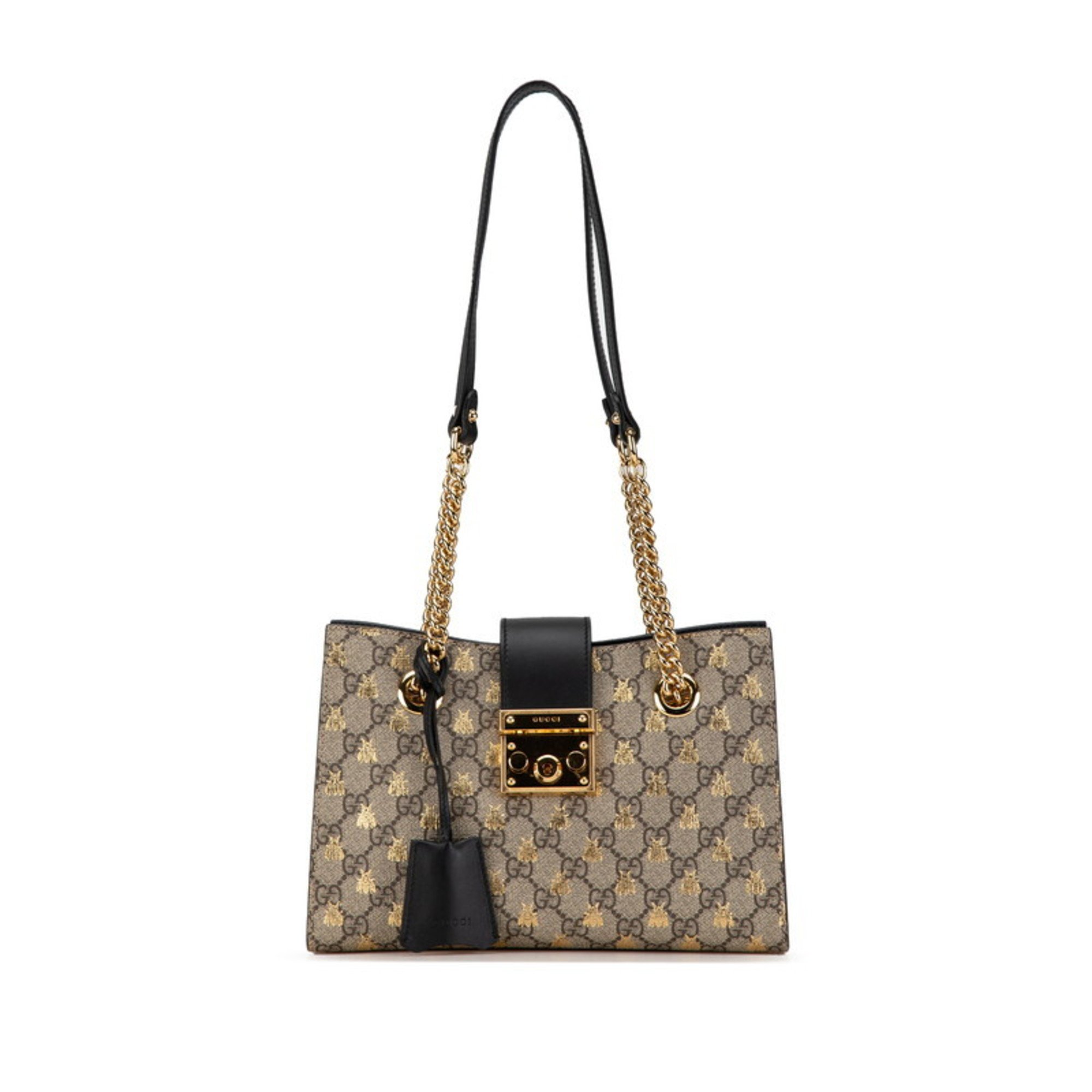 Gucci GG Supreme Padlock Small Bee Chain Handbag Shoulder Bag 498156 Beige Black PVC Leather Women's GUCCI