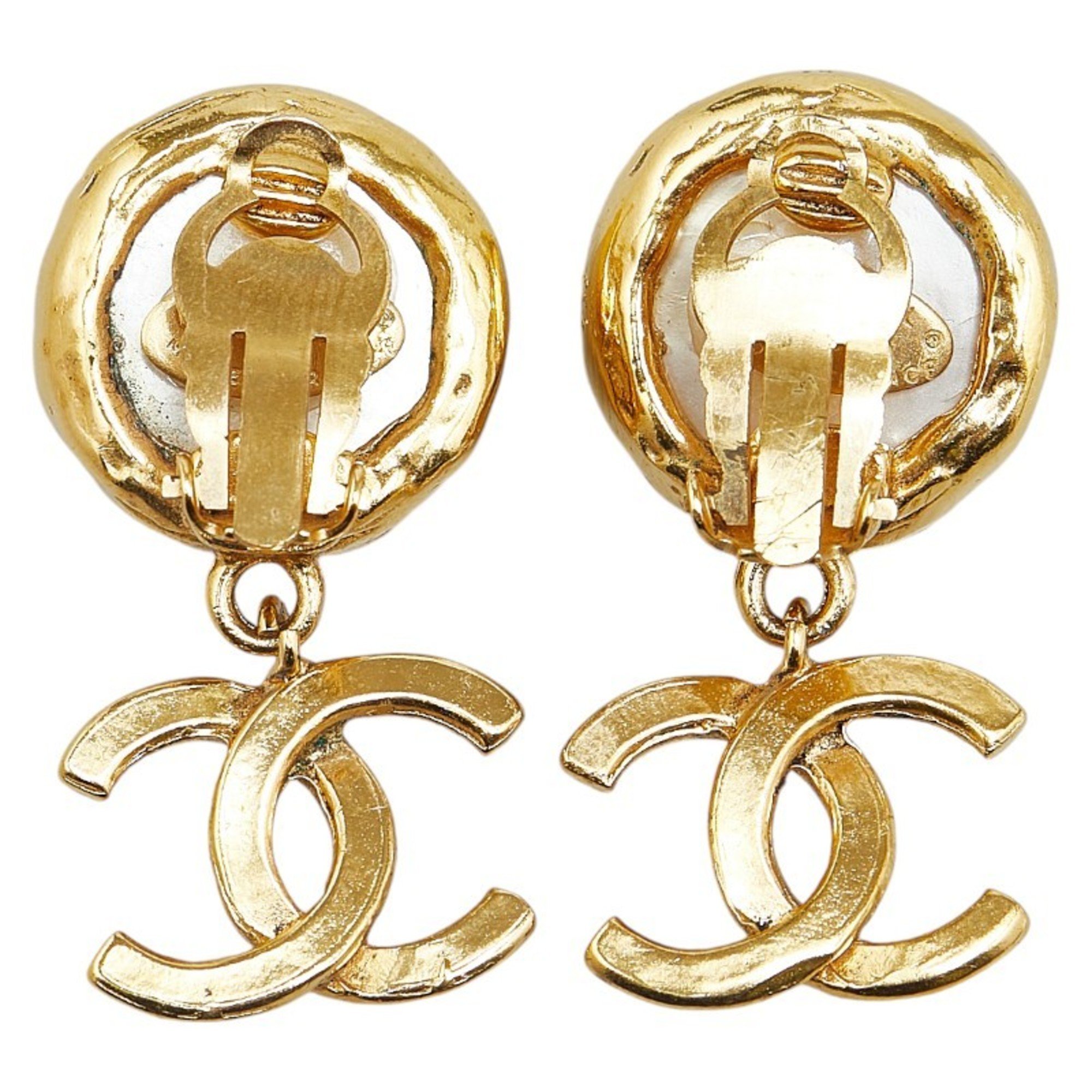 Chanel Coco Mark Swing Earrings Gold Faux Pearl Plated Women's CHANEL