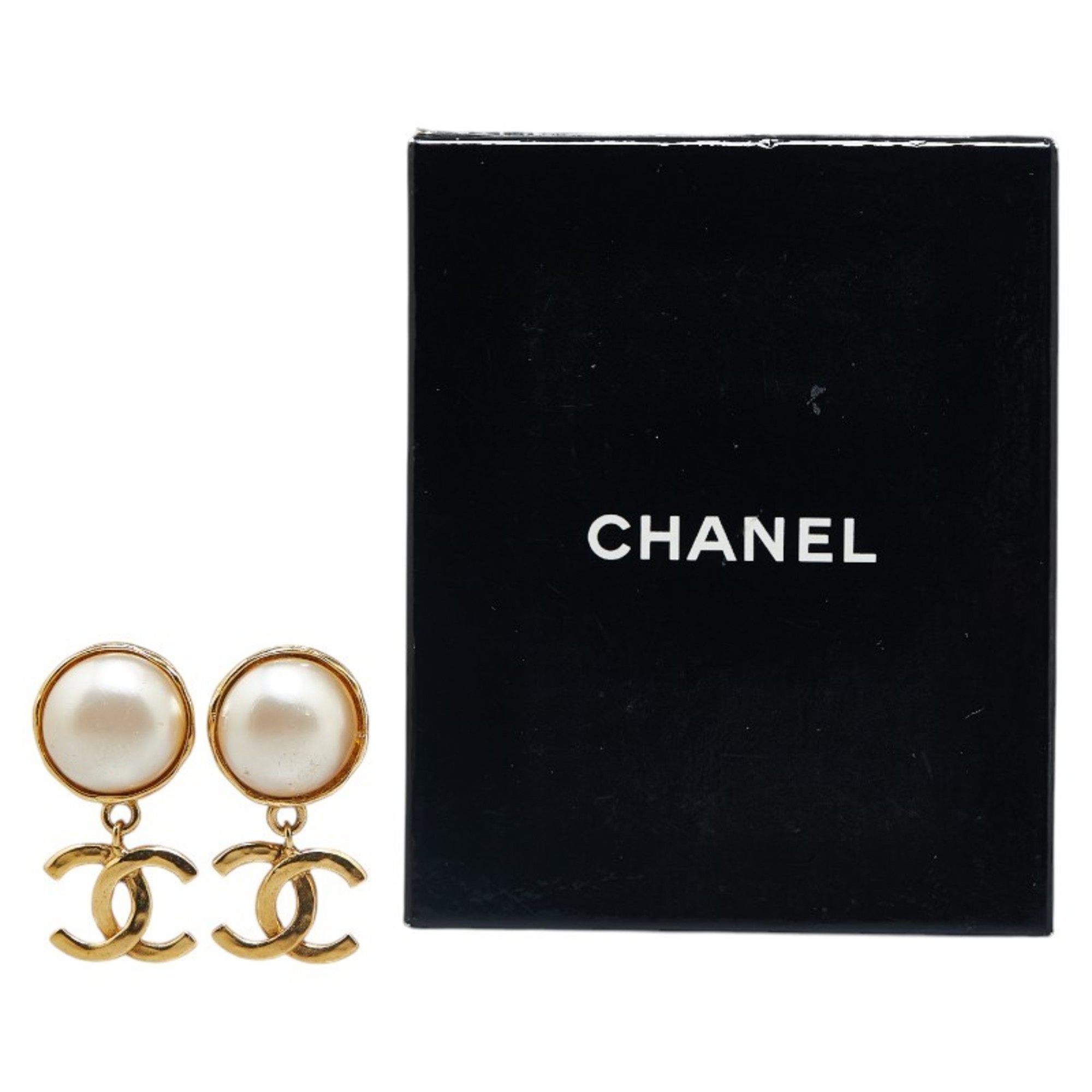 Chanel Coco Mark Swing Earrings Gold Faux Pearl Plated Women's CHANEL