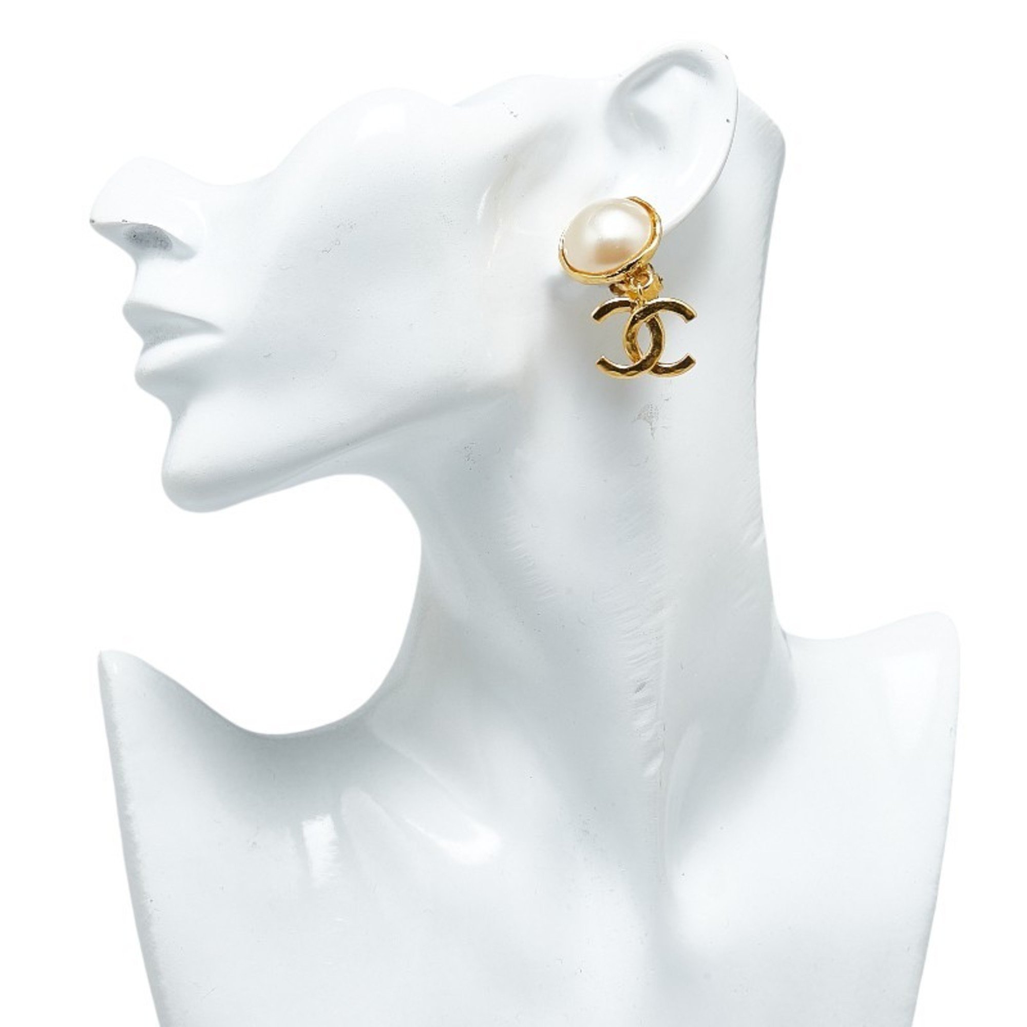 Chanel Coco Mark Swing Earrings Gold Faux Pearl Plated Women's CHANEL