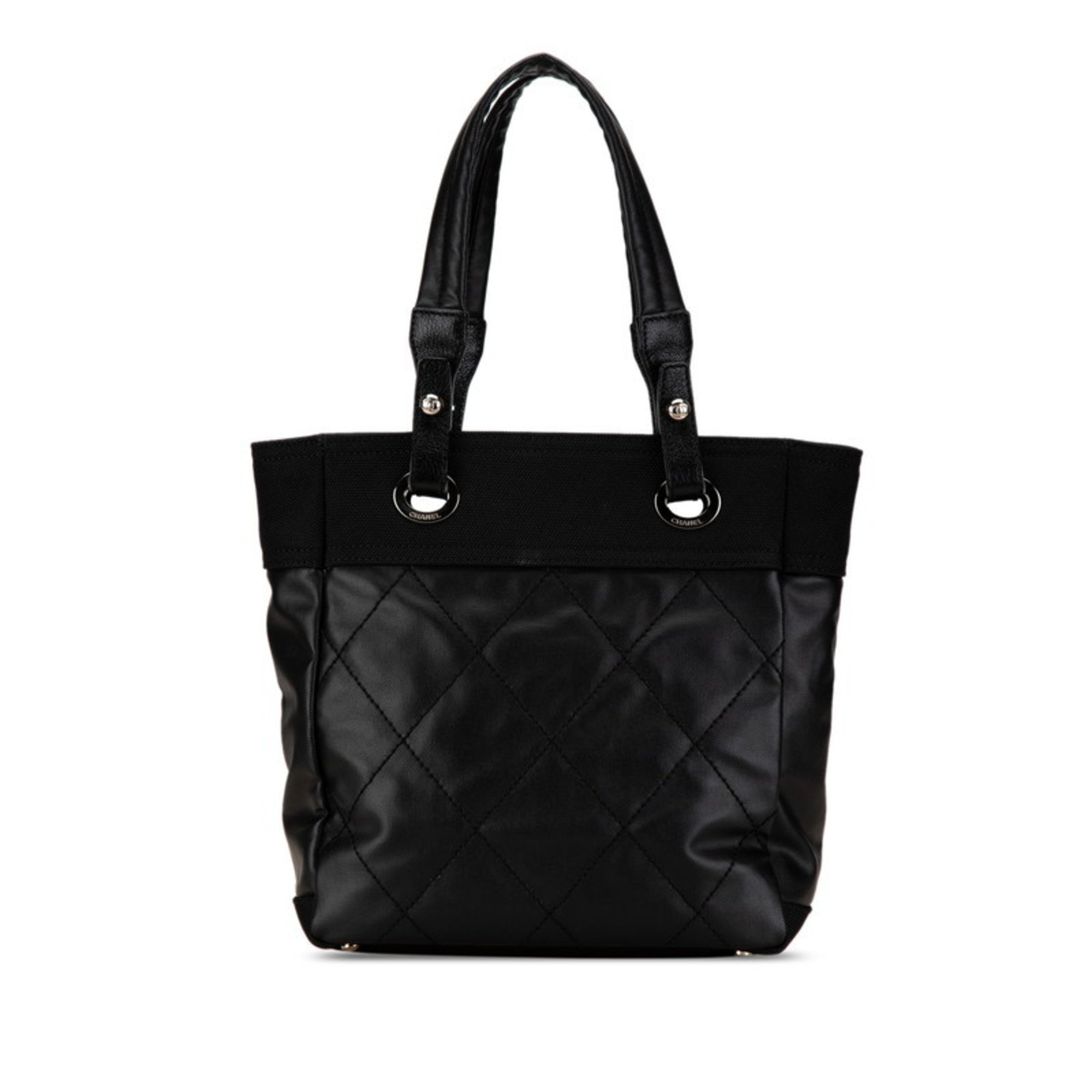 CHANEL Wild Stitch Paris Biarritz PM Tote Bag A34208 Black PVC Canvas Women's