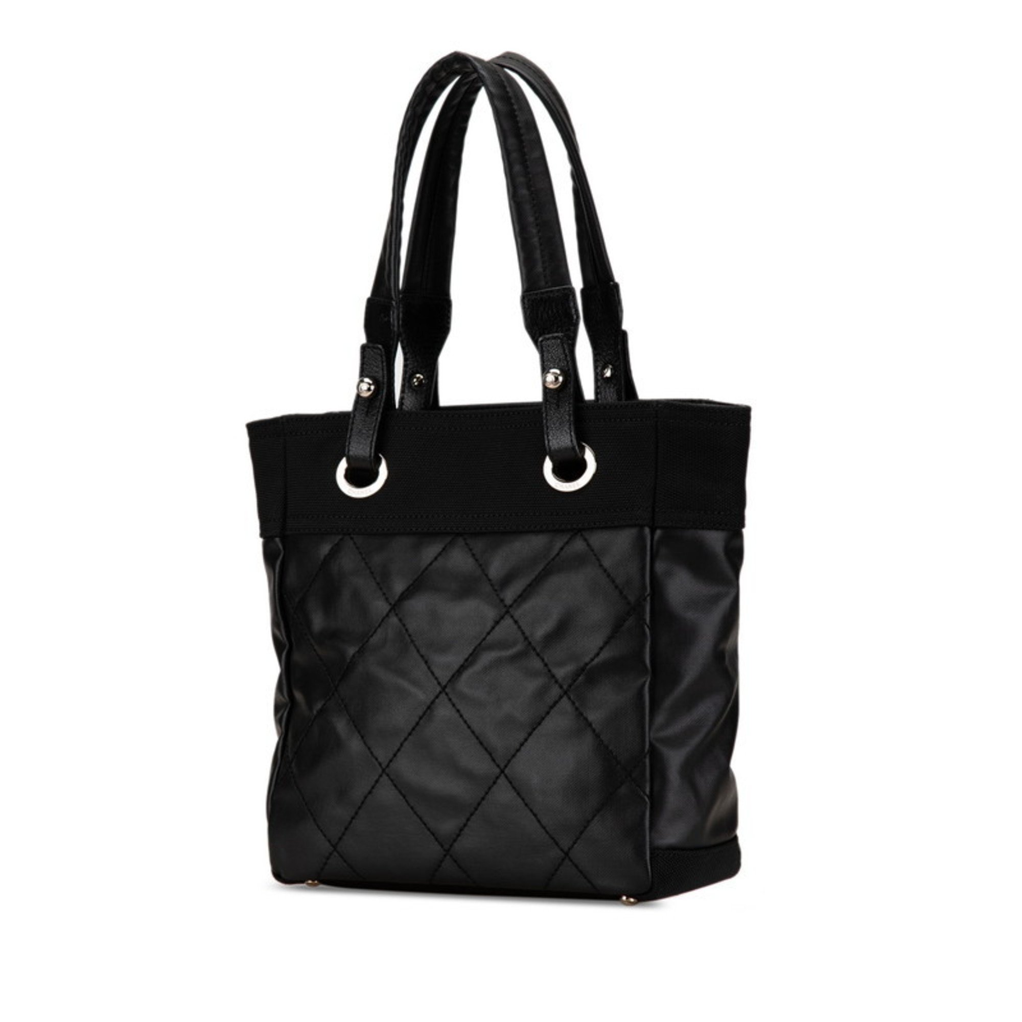 CHANEL Wild Stitch Paris Biarritz PM Tote Bag A34208 Black PVC Canvas Women's