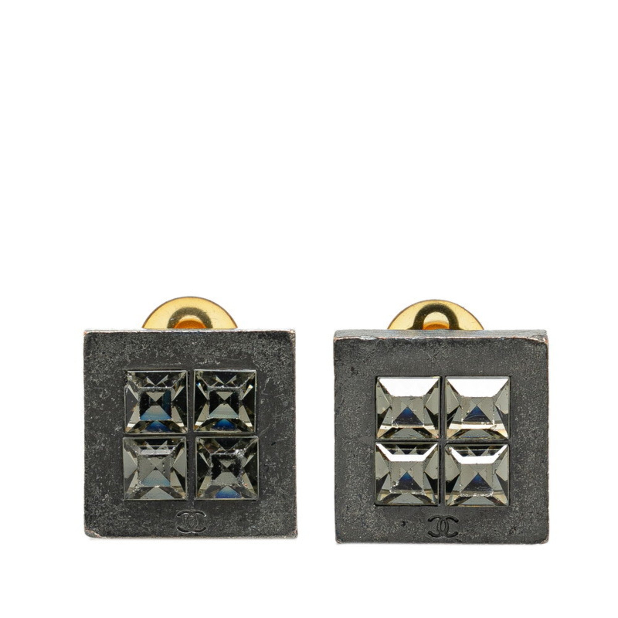 Chanel Coco Mark Square Earrings Gunmetal Silver Metal Rhinestones Women's CHANEL