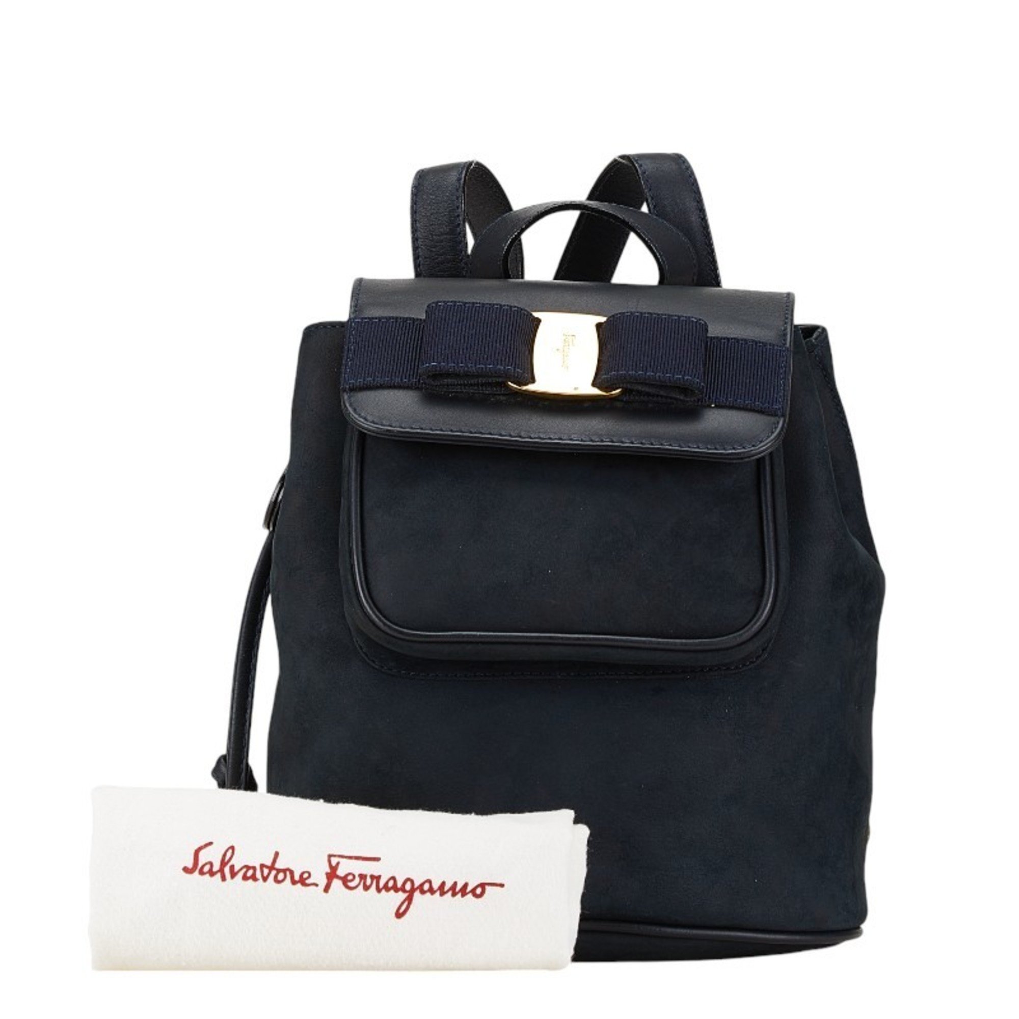 Salvatore Ferragamo Vara Ribbon Nubuck Backpack AQ-216254 Navy Suede Leather Women's