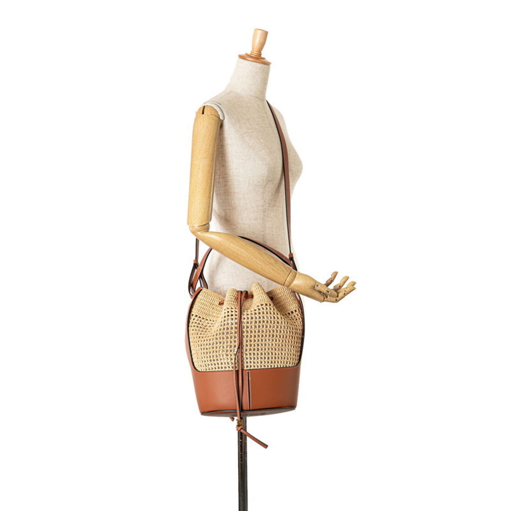 LOEWE Anagram Balloon Bag Handbag Shoulder Beige Brown Raffia Leather Women's