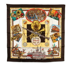 Hermes Carre 90 THE ORIGINAL NEW ORLEANS CREOLE JAZZ 1923 New Orleans Creole Jazz Scarf Muffler Brown White Multicolor Silk Women's HERMES