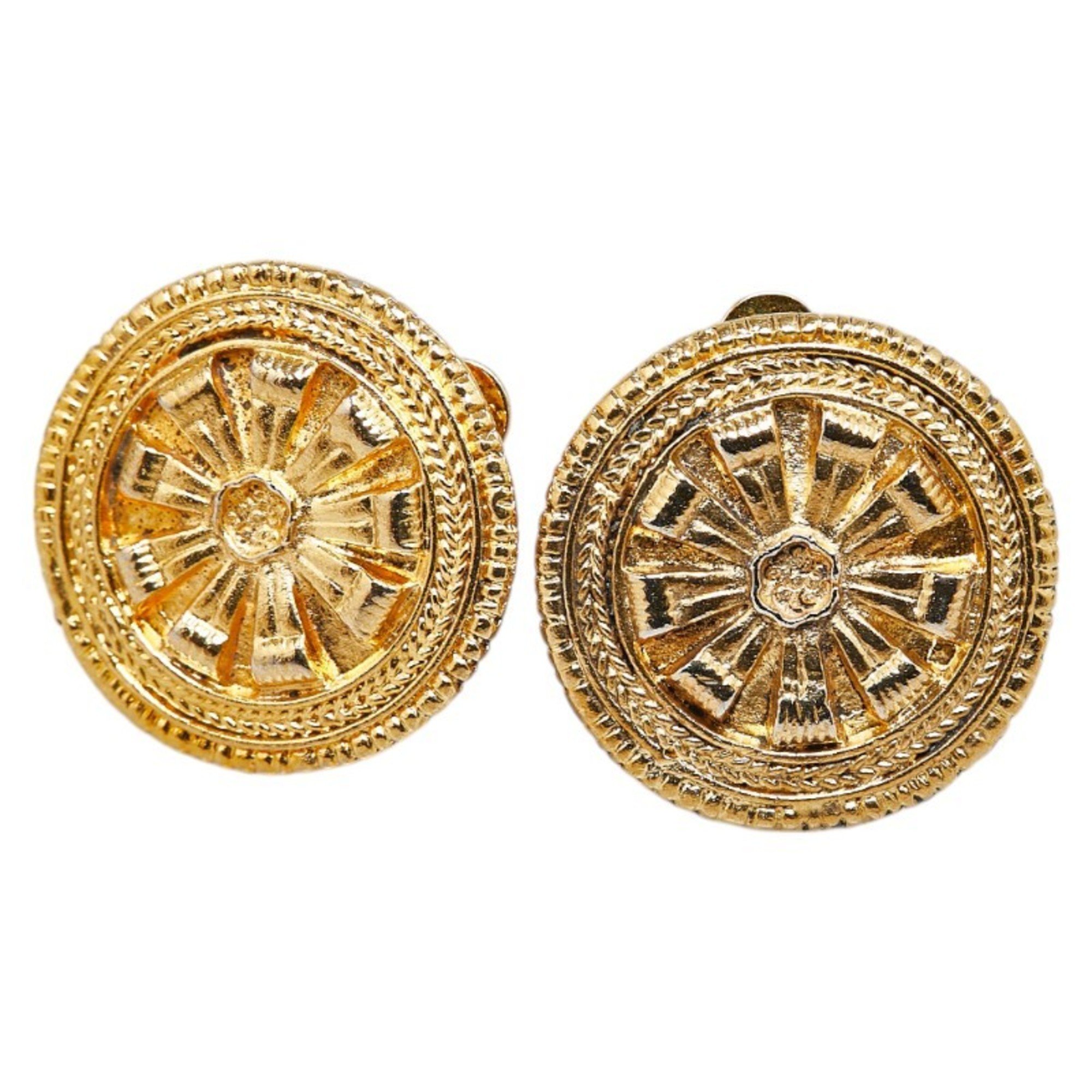 Chanel Round Flower Motif Earrings Gold Plated Women's CHANEL