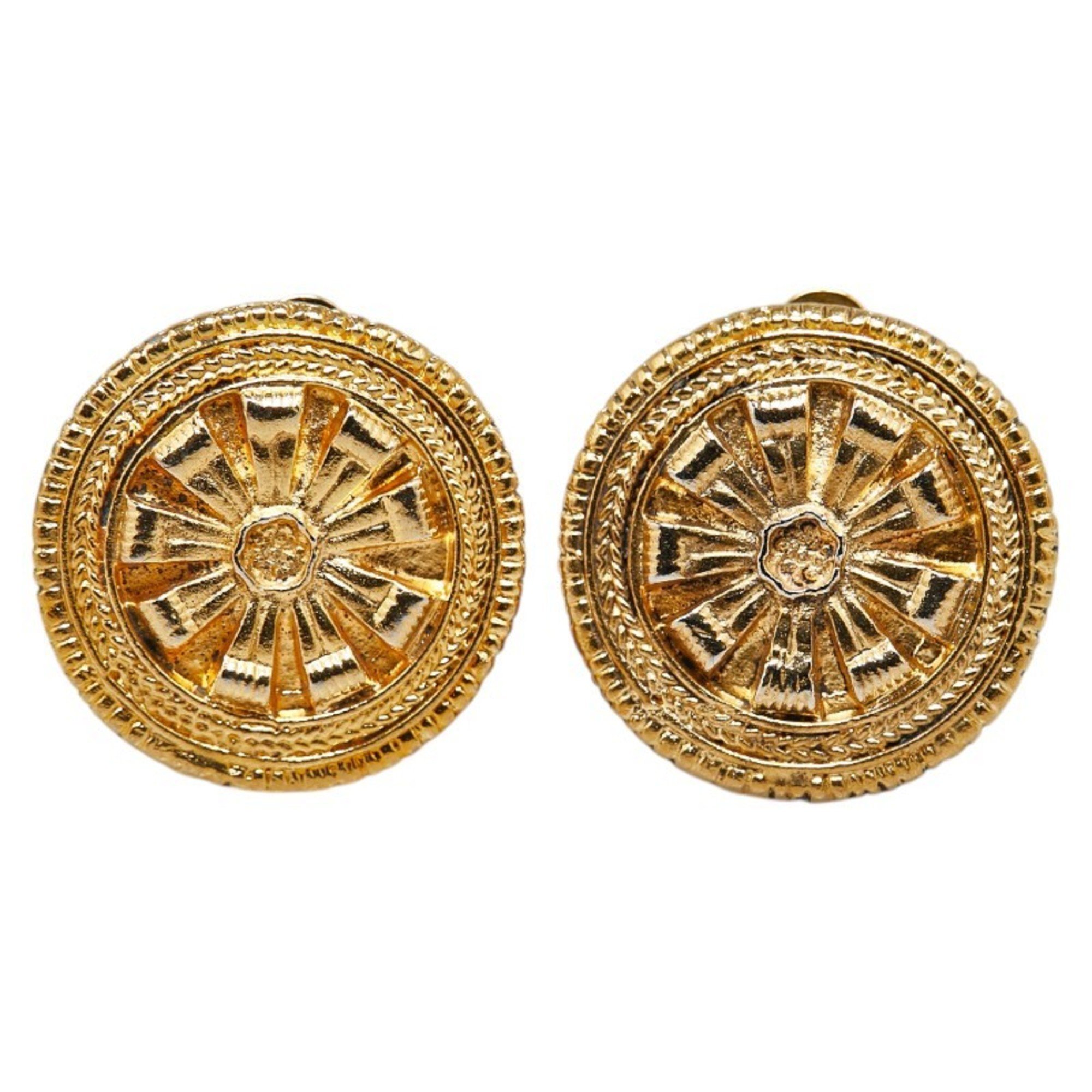 Chanel Round Flower Motif Earrings Gold Plated Women's CHANEL