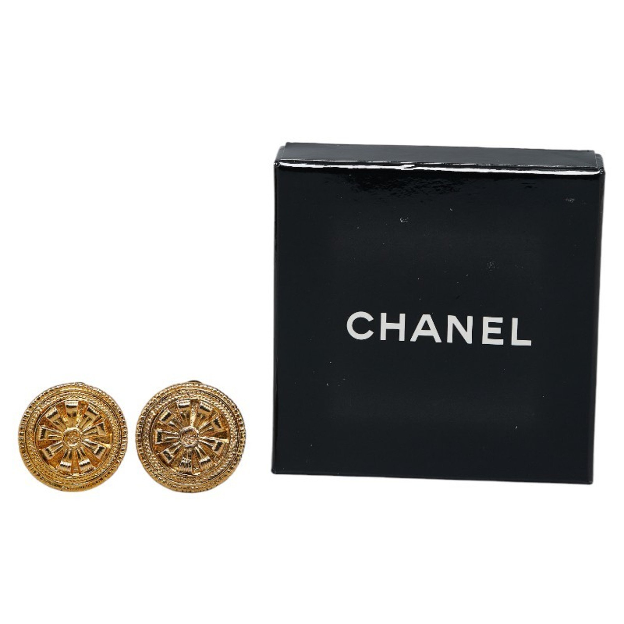 Chanel Round Flower Motif Earrings Gold Plated Women's CHANEL