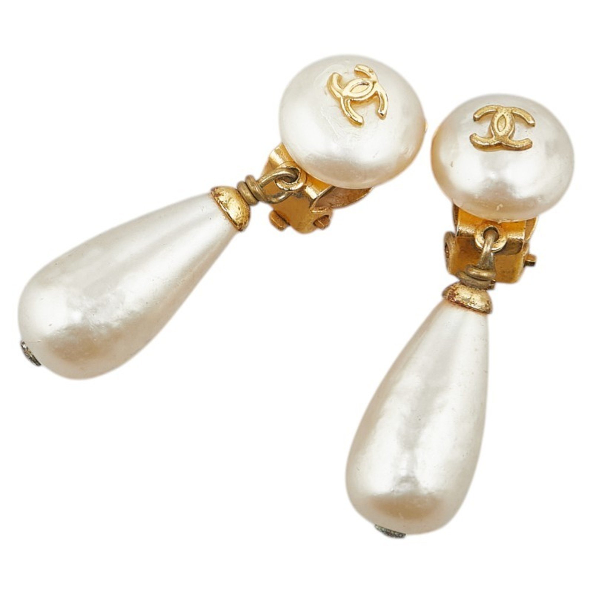 Chanel Coco Mark Swing Earrings Gold Plated Faux Pearl Women's CHANEL