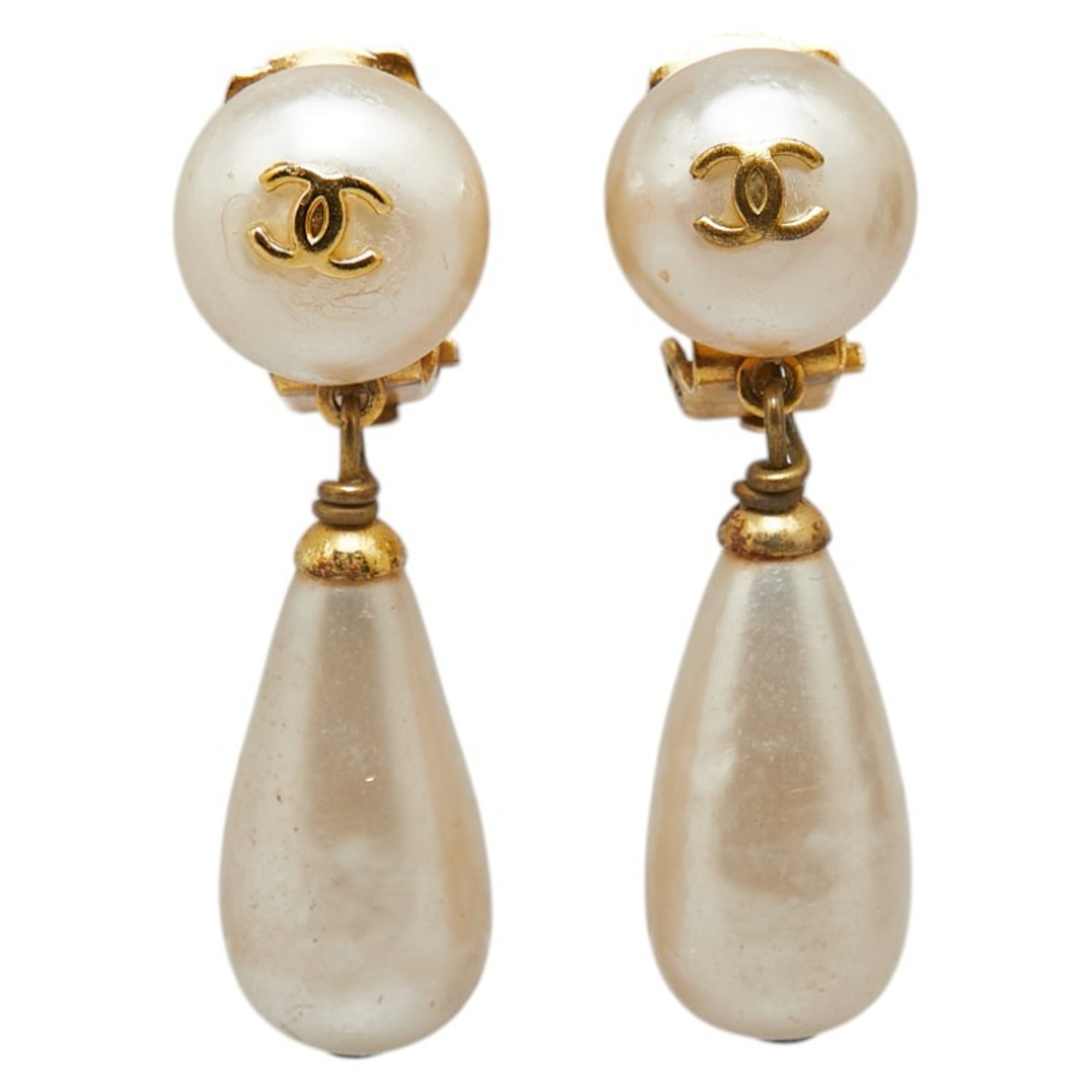 Chanel Coco Mark Swing Earrings Gold Plated Faux Pearl Women's CHANEL