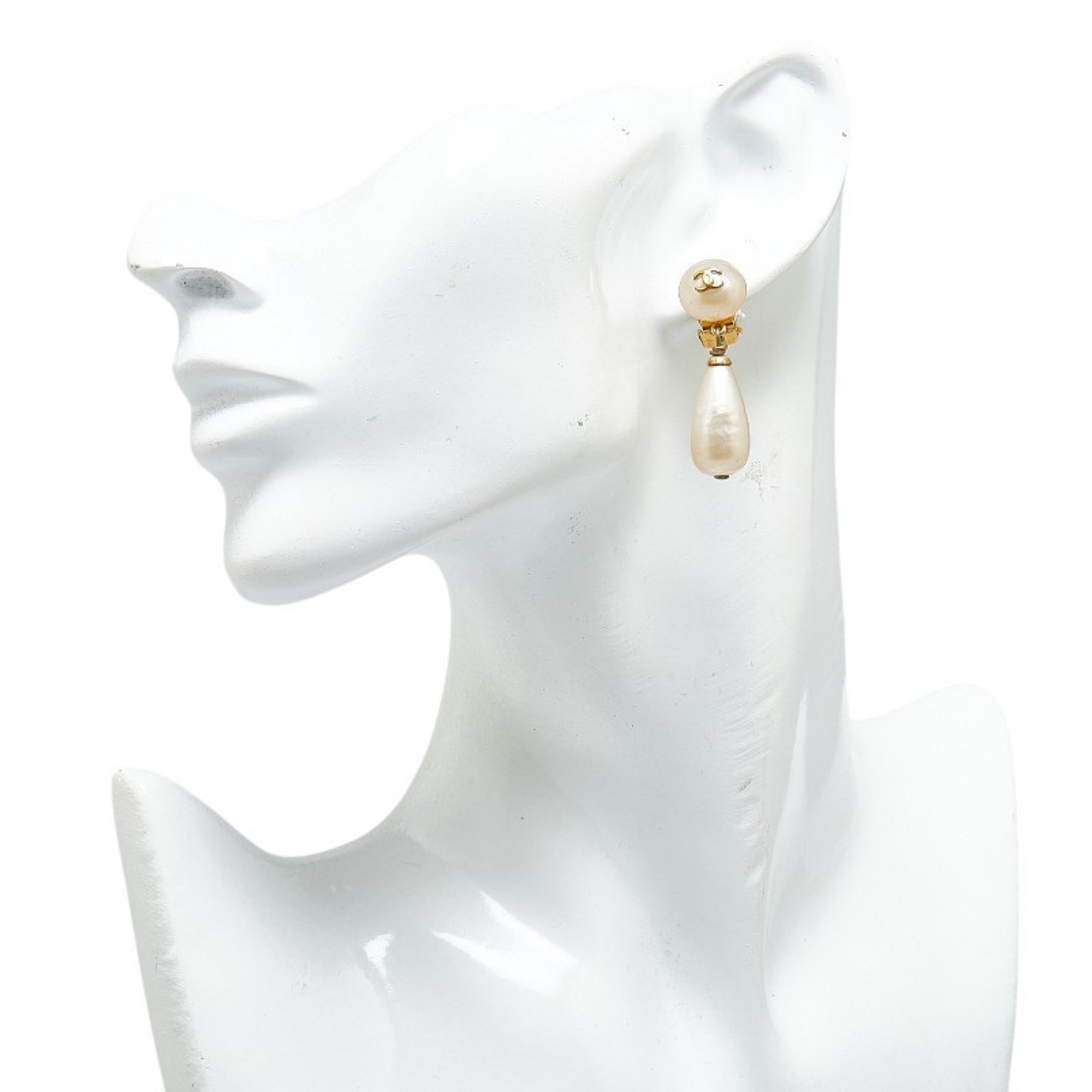 Chanel Coco Mark Swing Earrings Gold Plated Faux Pearl Women's CHANEL