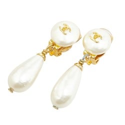 Chanel Coco Mark Teardrop Swing Earrings Gold Faux Pearl Plated Women's CHANEL