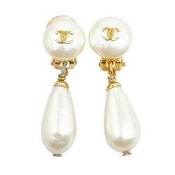 Chanel Coco Mark Teardrop Swing Earrings Gold Faux Pearl Plated Women's CHANEL