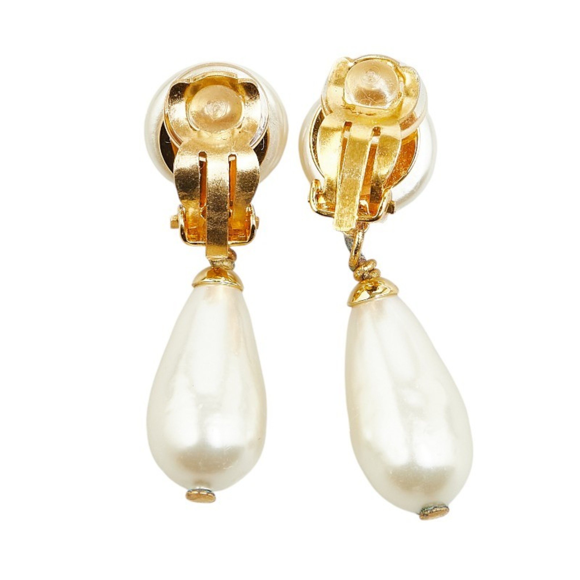 Chanel Coco Mark Teardrop Swing Earrings Gold Faux Pearl Plated Women's CHANEL