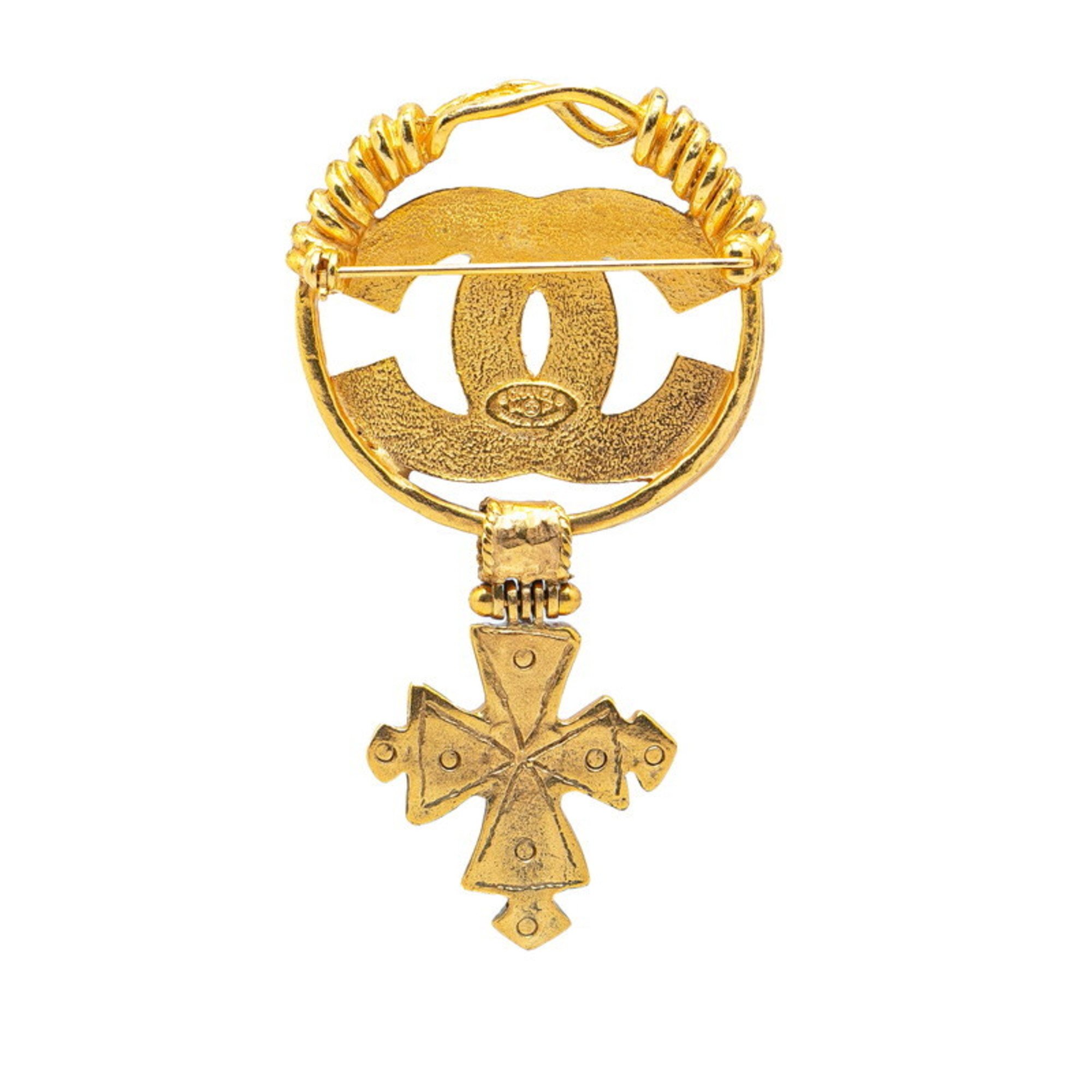 Chanel Coco Mark Cross Brooch Gold Plated Women's CHANEL