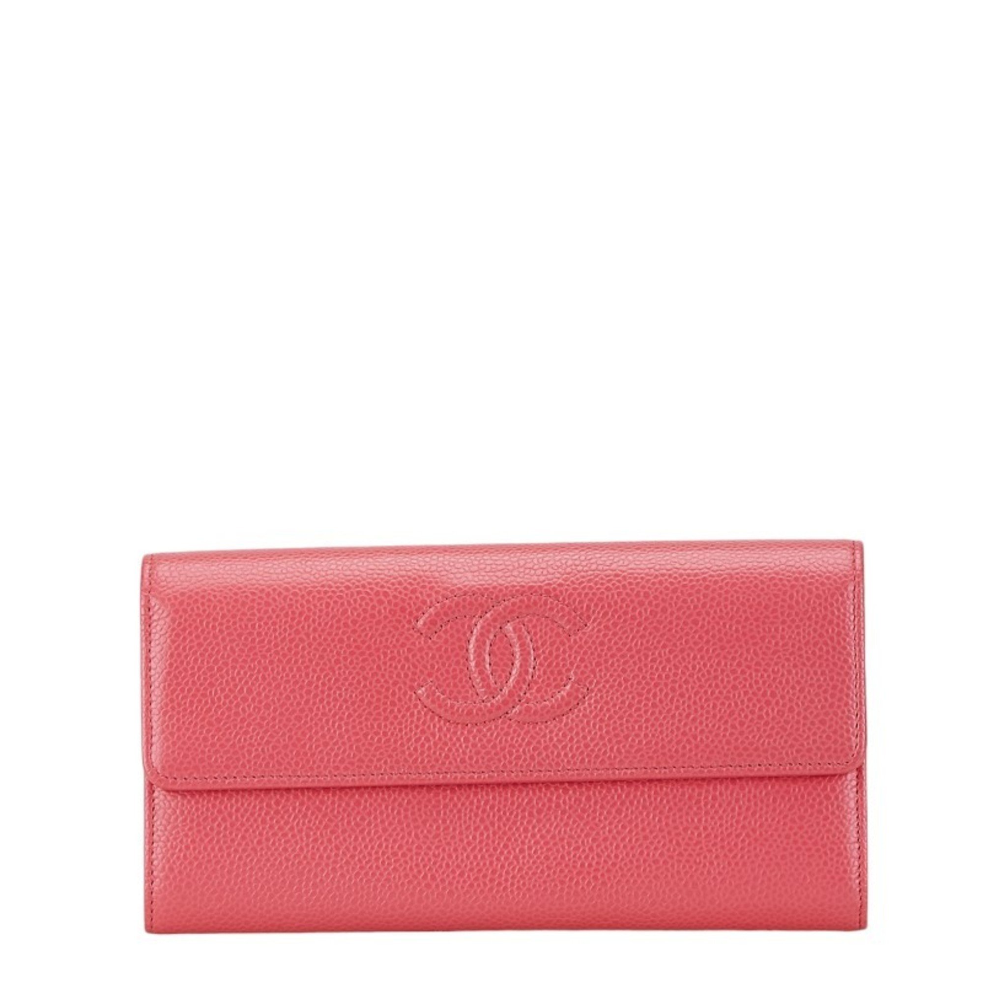 CHANEL Coco Mark Long Wallet Pink Caviar Skin Women's