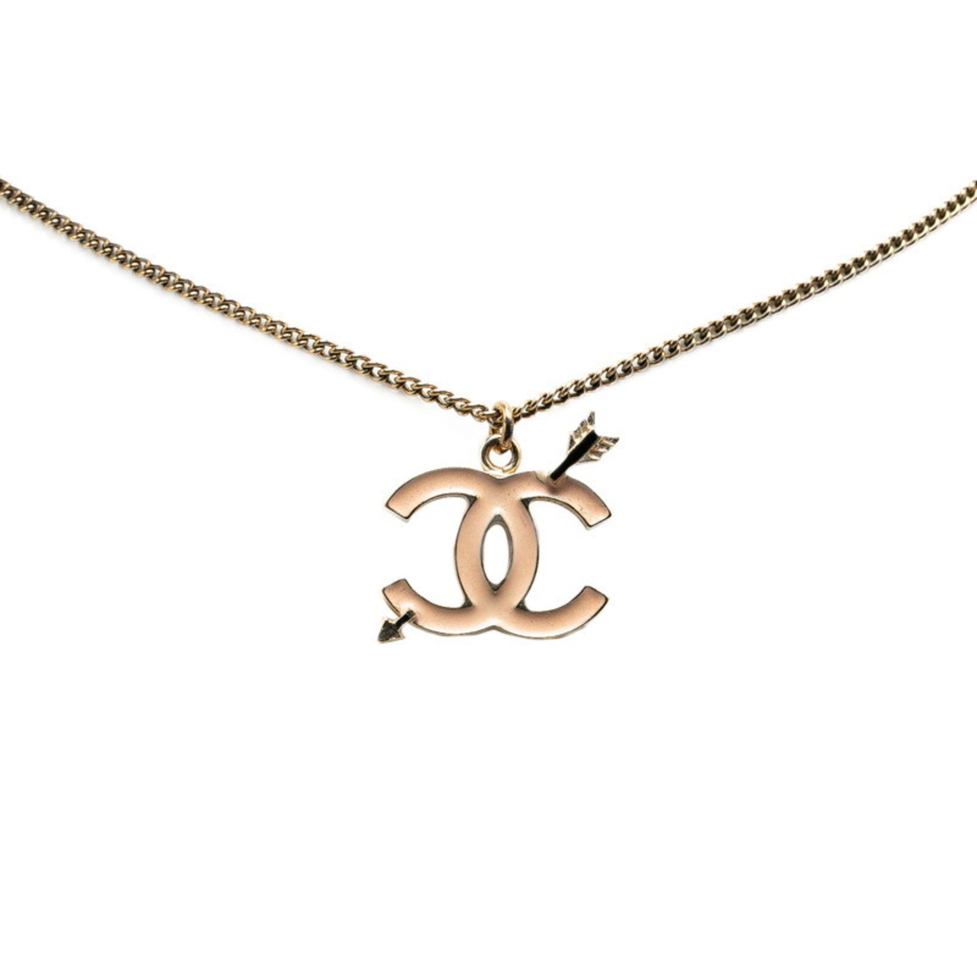 Chanel Coco Mark Arrow Motif Necklace Gold Pink Beige Plated Women's CHANEL