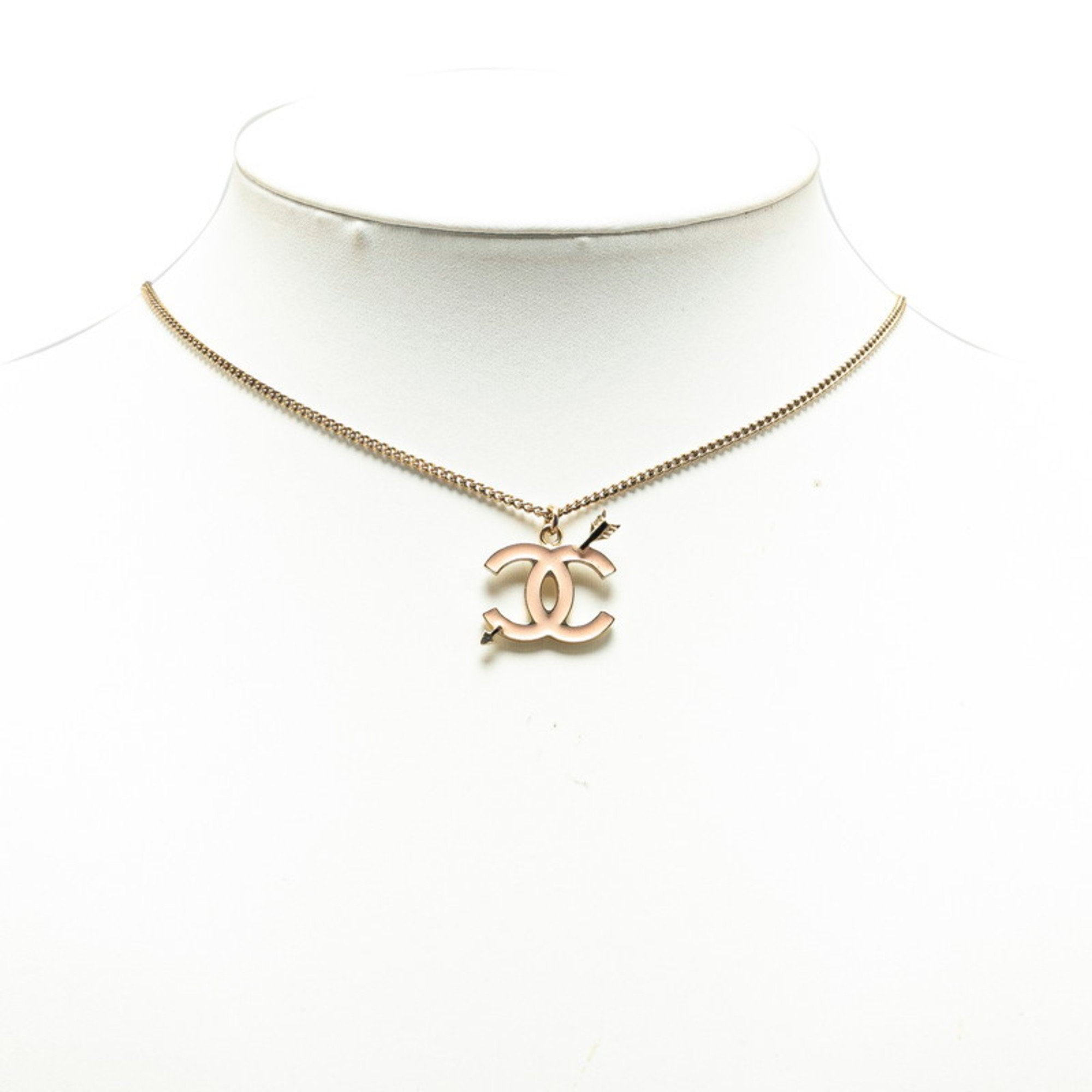 Chanel Coco Mark Arrow Motif Necklace Gold Pink Beige Plated Women's CHANEL