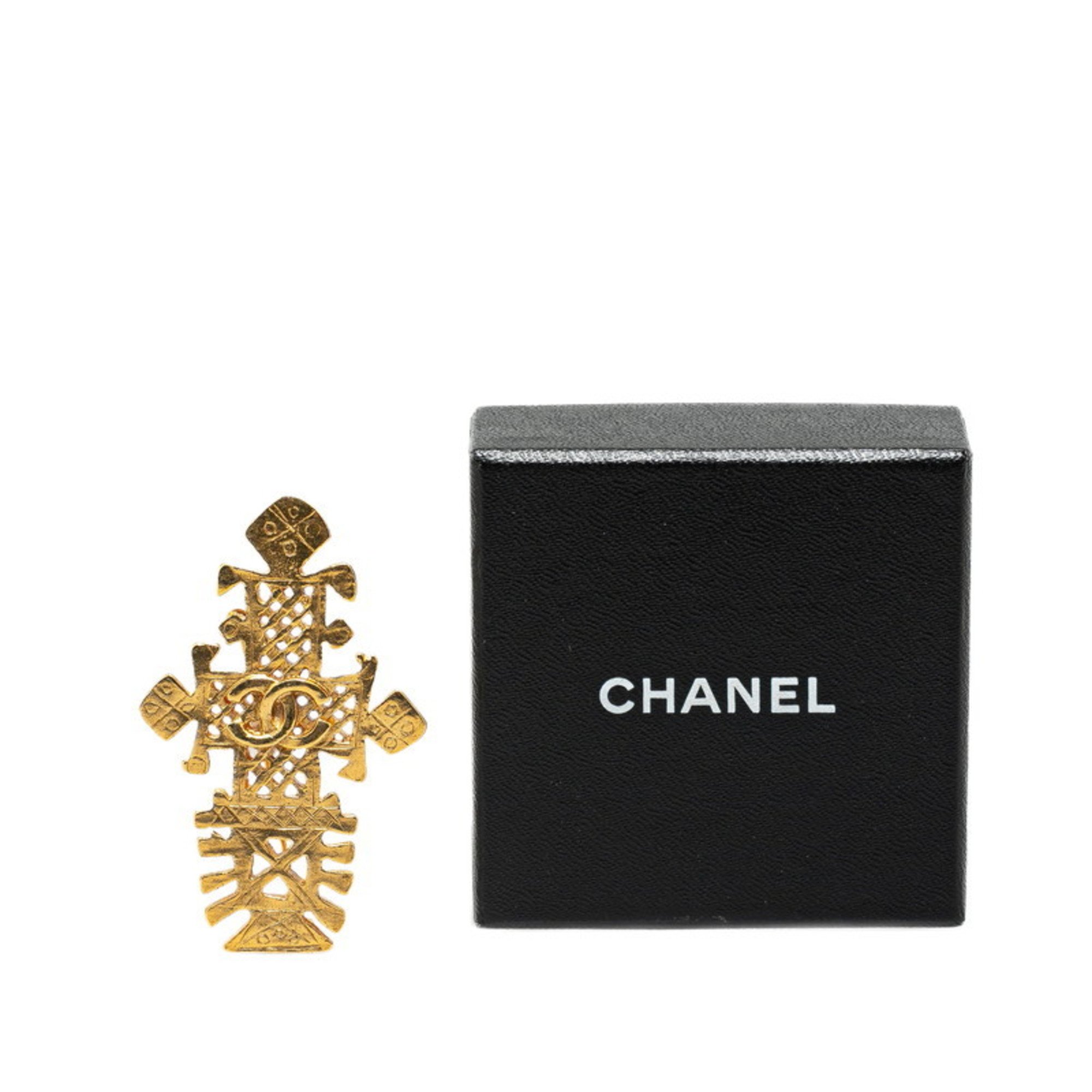 Chanel Coco Mark Cross Motif Brooch Gold Plated Women's CHANEL