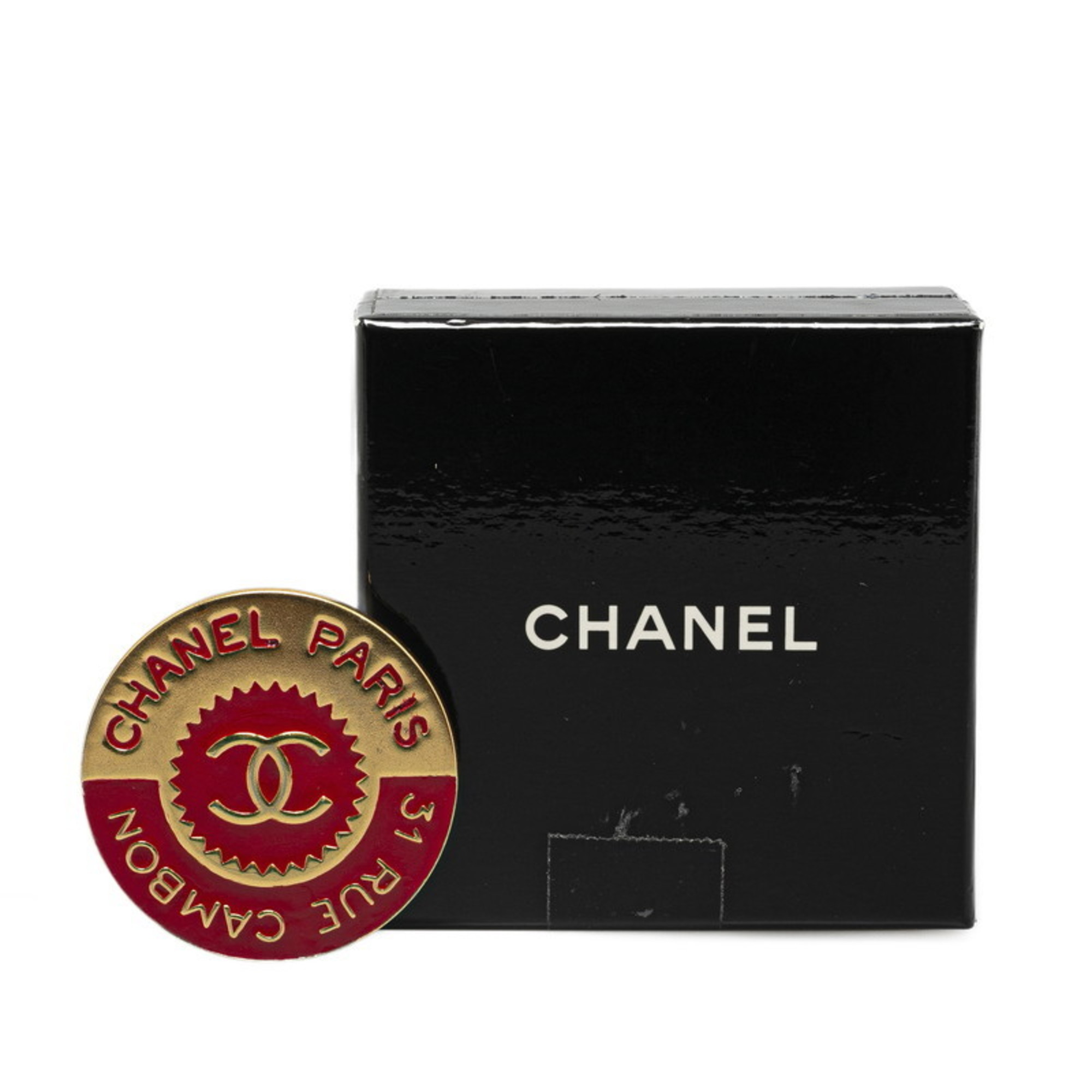 CHANEL Cambon Coco Mark Brooch Gold Red Plated Women's