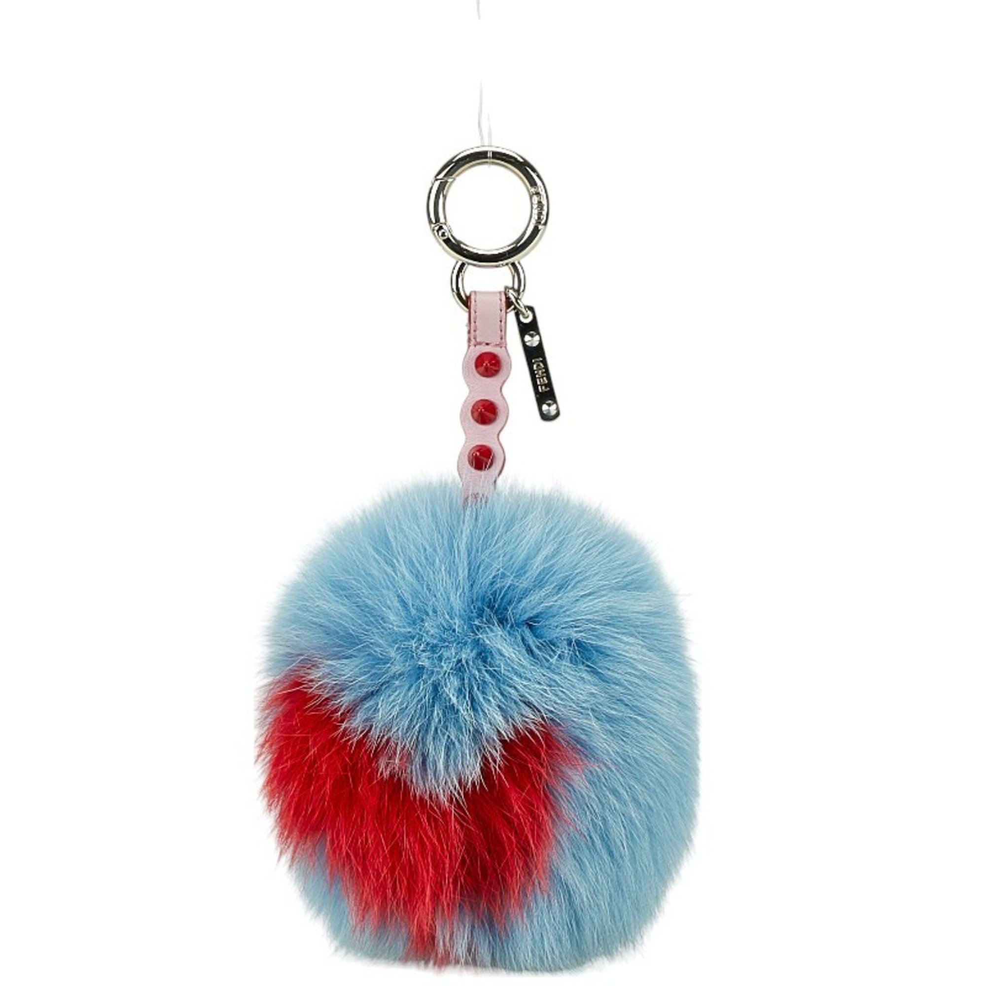 FENDI Pompom Stud Charm Keychain Blue Pink Faux Fur Leather Women's