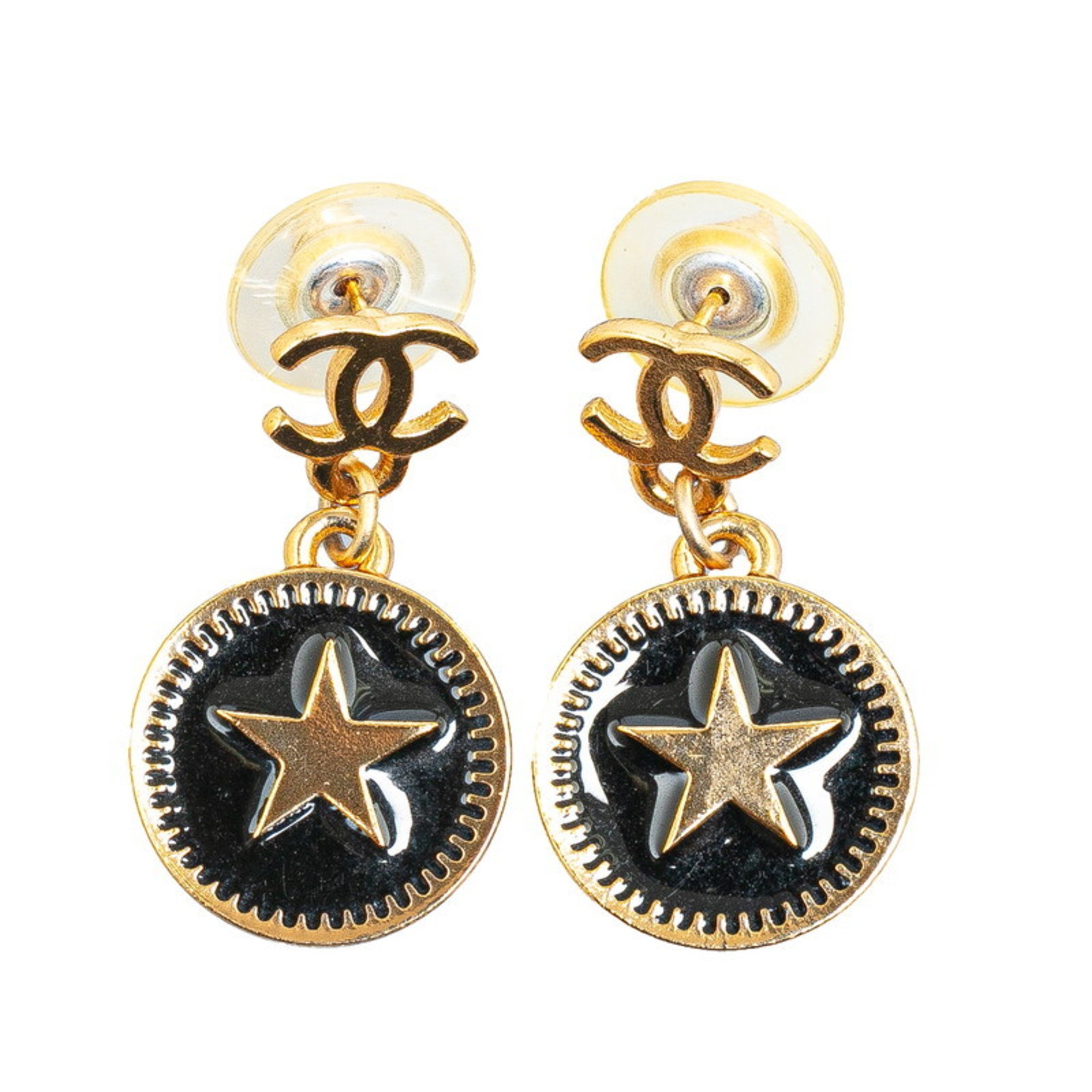 Chanel Coco Mark Star Motif Earrings Gold Black Plated Plastic Women's CHANEL