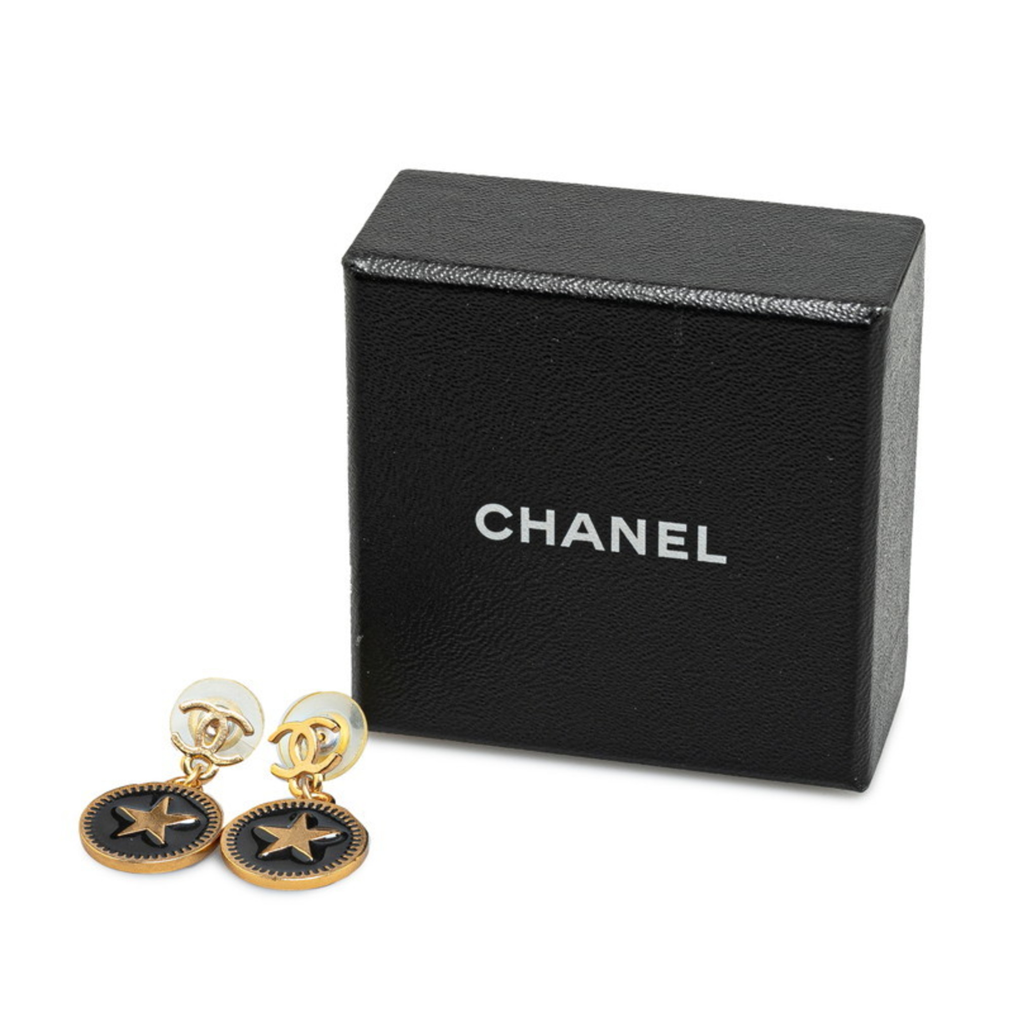 Chanel Coco Mark Star Motif Earrings Gold Black Plated Plastic Women's CHANEL