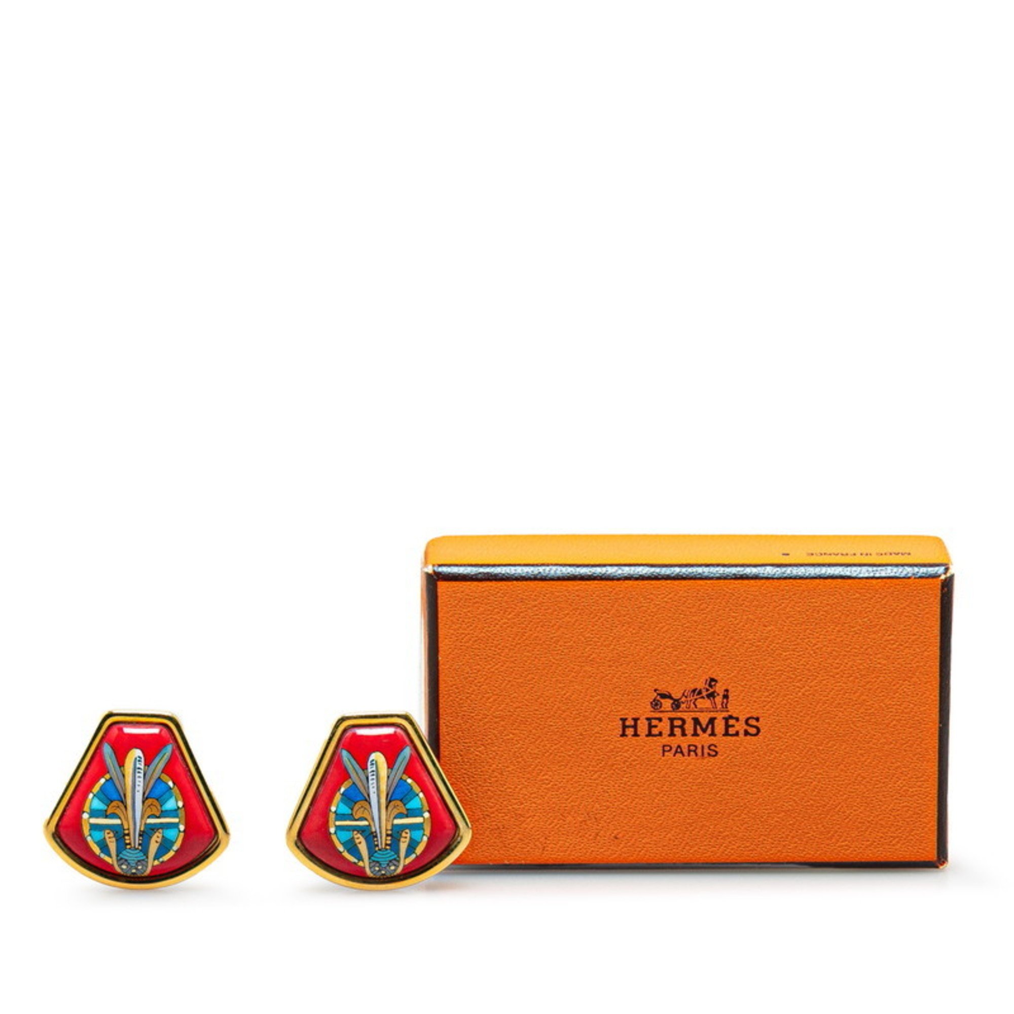 Hermes enamel cloisonné earrings gold red multi-color plated women's HERMES